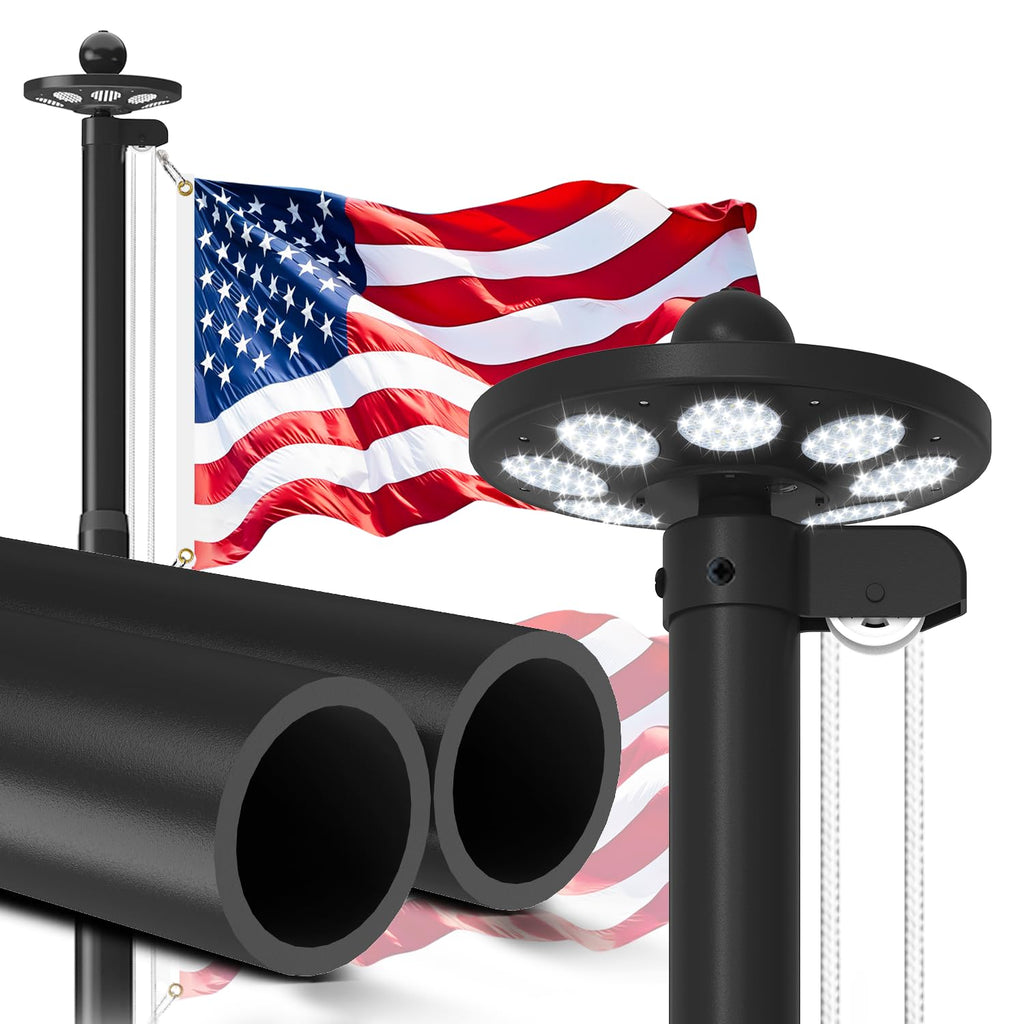 Upgraded 10 Gauge 20FT Heavy Duty Flag Pole Kit with 136 LED Solar Light, Extra Thick Flagpole for Outside House in Ground, Bottom 3 mm Thick & Width 3.35 in, 120MPH Wind Rated