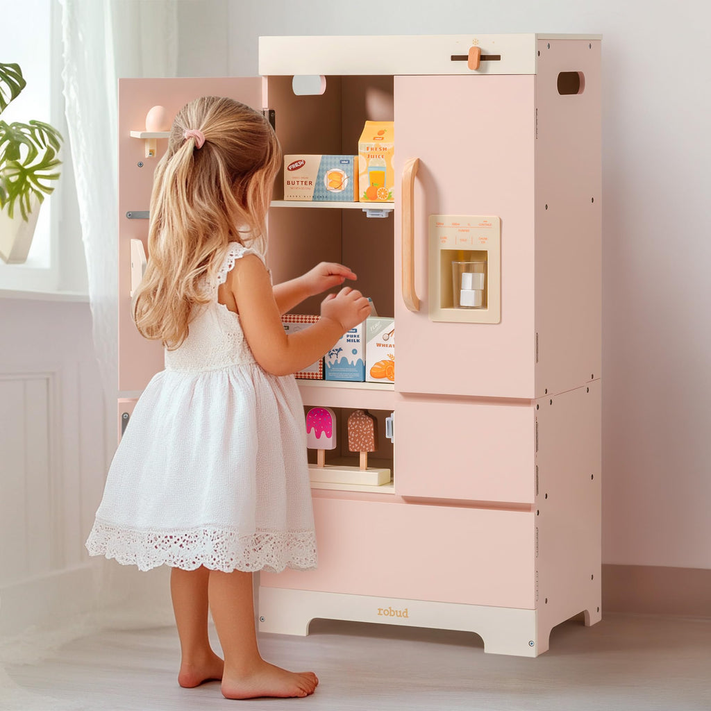 ROBUD Wooden Play Kitchen Fridge, Toy Kitchen Refrigerator, Kids Fridge Freezer Set with Ice Maker, Kitchen Playset Gift for Kids & Toddlers, Age 3+ (Caramel)