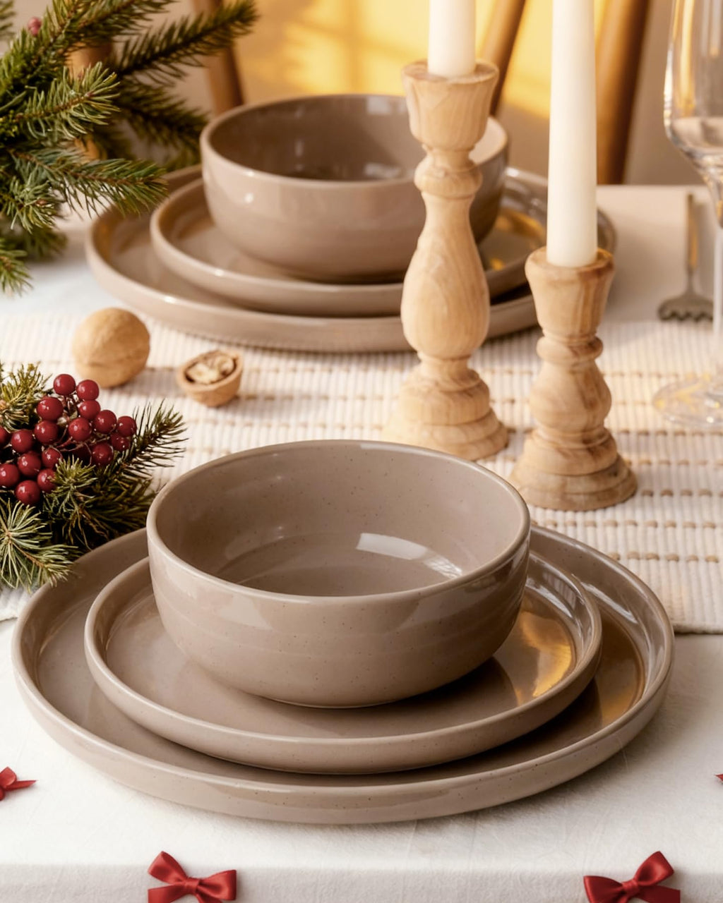 Famiware Pluto Stoneware Dinnerware Sets, 12-Piece Double Reactive Glaze Plates and Bowls Sets, Dishware Sets for Everyday & Formal Dining, Irregular Edge Dishes, Service for 4, Matte Beige White
