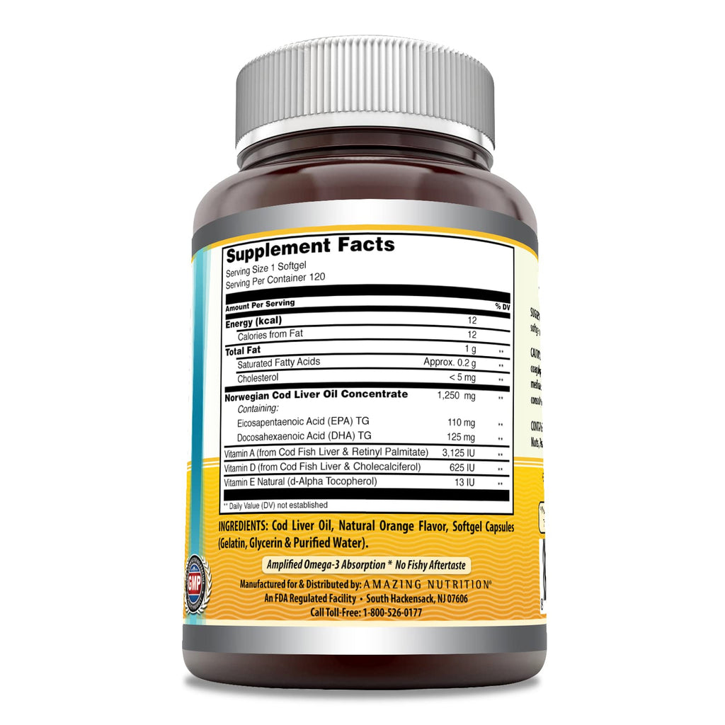 Amazing Omega Norwegian Cod Liver Oil 1250 Mg Softgels Supplement | Omega-3, EPA, DHA, Vitamin A, Vitamin D & Vitamin E (Lemon | 60 Count)