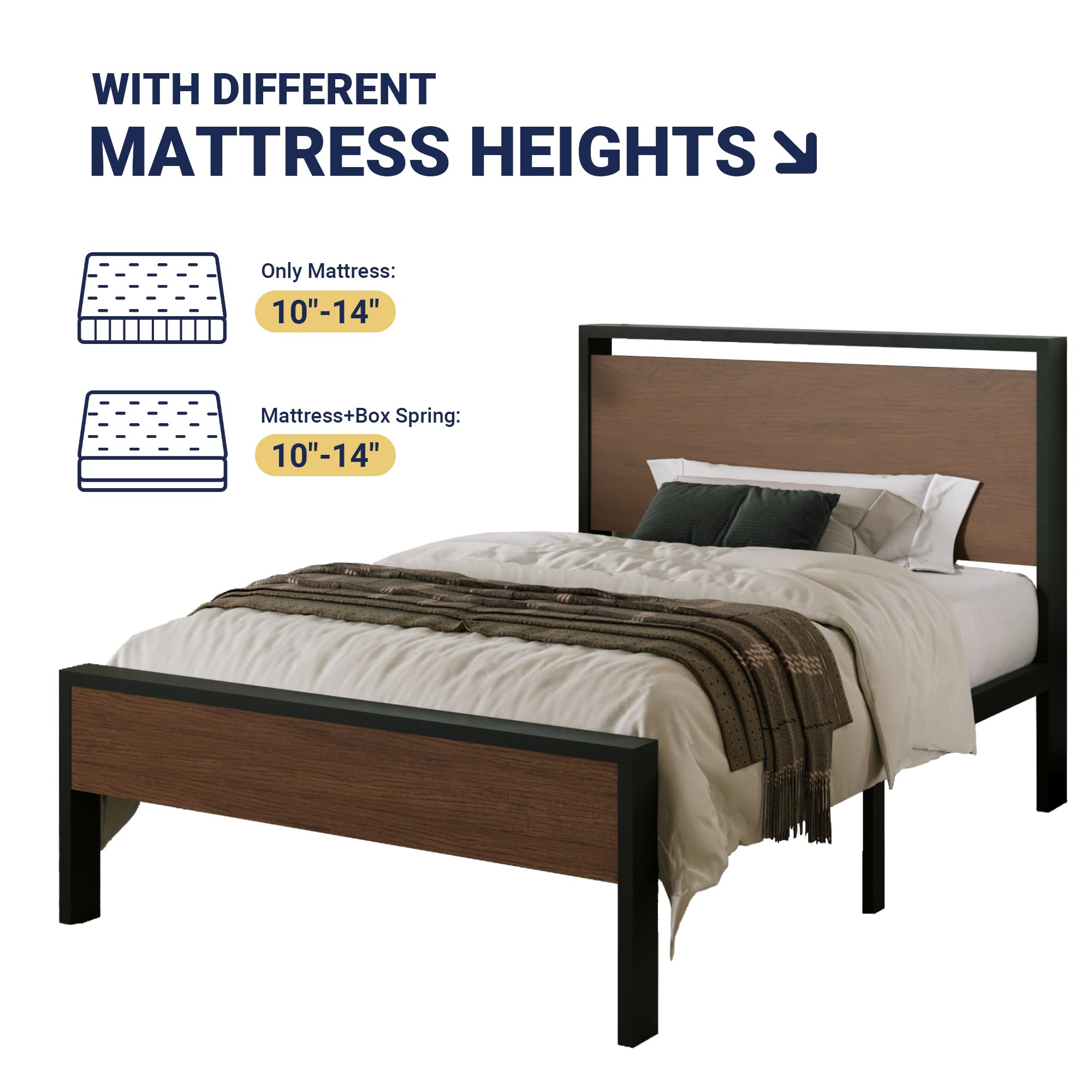 Allewie Twin Size Platform Bed Frame with Wooden Headboard and Footboard, Heavy Duty Metal Slats Support, No Box Spring Needed, Under-Bed Storage, Noise Free, Easy Assembly, Black Oak