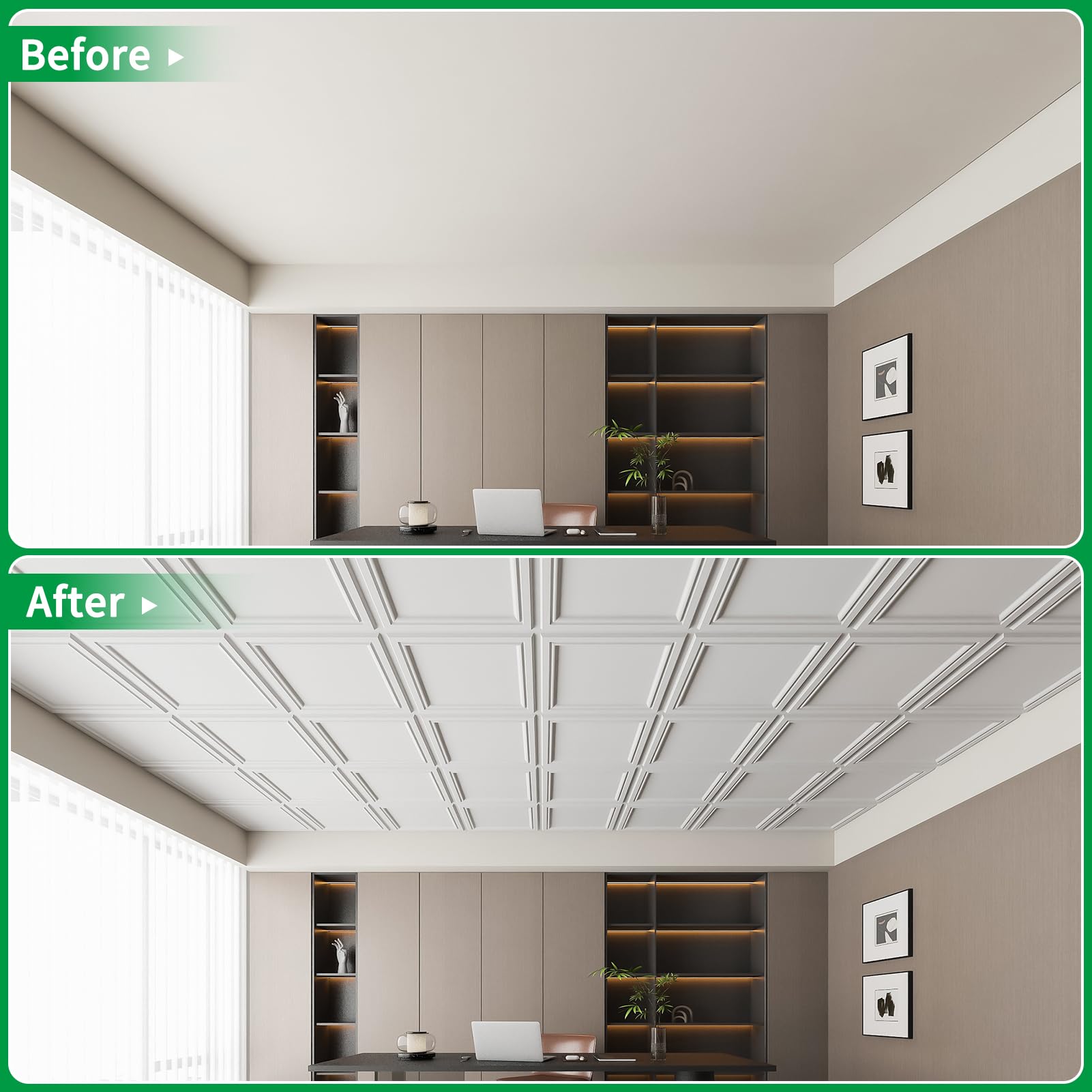 Art3d Drop Ceiling Tiles 24x24in. (12-Pack, 48 Sq.ft), Wainscoting Panels Glue Up 2ft x 2ft for Interior Décor in Living Room, Bedroom & Office, Star Black