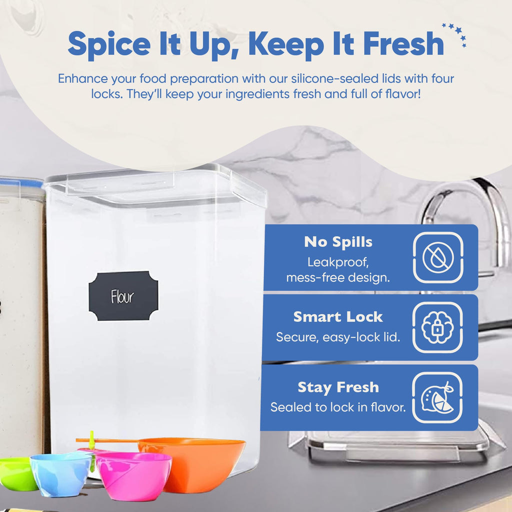 Chef's Path Kitchen Storage Box Set of 4 Extra Large Airtight Food Storage Jars for Sugar Flour Cereal Rice - Measuring Spoons, Pen and Food Preservation Labels (5.2 L)