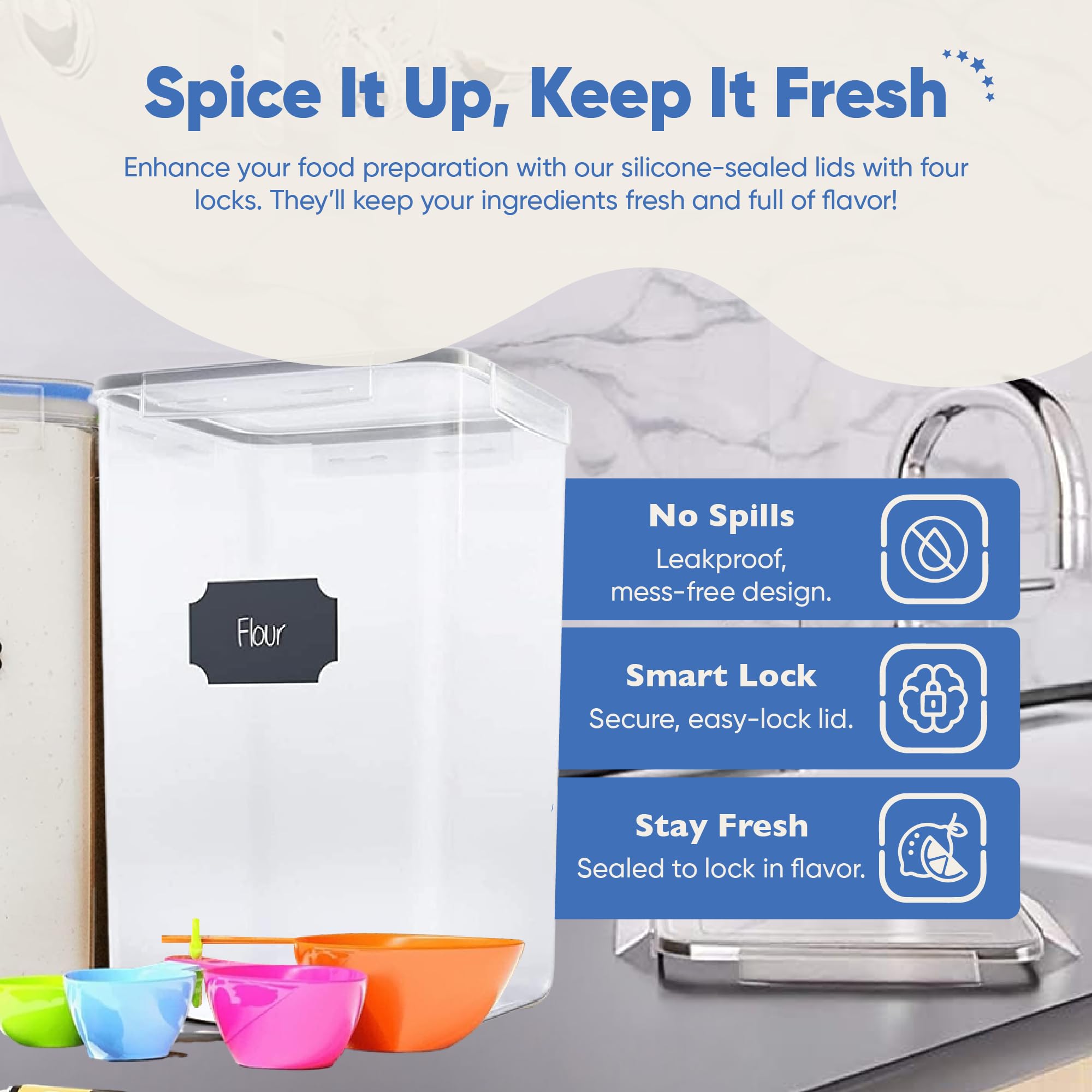 Chef's Path Kitchen Storage Box Set of 4 Extra Large Airtight Food Storage Jars for Sugar Flour Cereal Rice - Measuring Spoons, Pen and Food Preservation Labels (5.2 L)