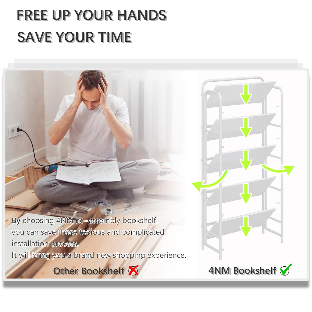 4NM No Assembly Folding Bookshelf, 3 Tiers Collapsible Book Shelves Open Industrial Foldable Storage Bookcase Shelf for Bedroom, Living Room, Home Office - Natural and White