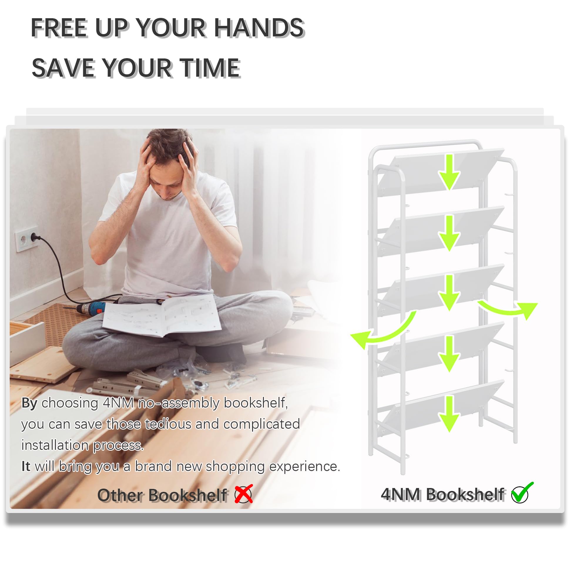4NM No Assembly Folding Bookshelf, 3 Tiers Collapsible Book Shelves Open Industrial Foldable Storage Bookcase Shelf for Bedroom, Living Room, Home Office - Natural and White