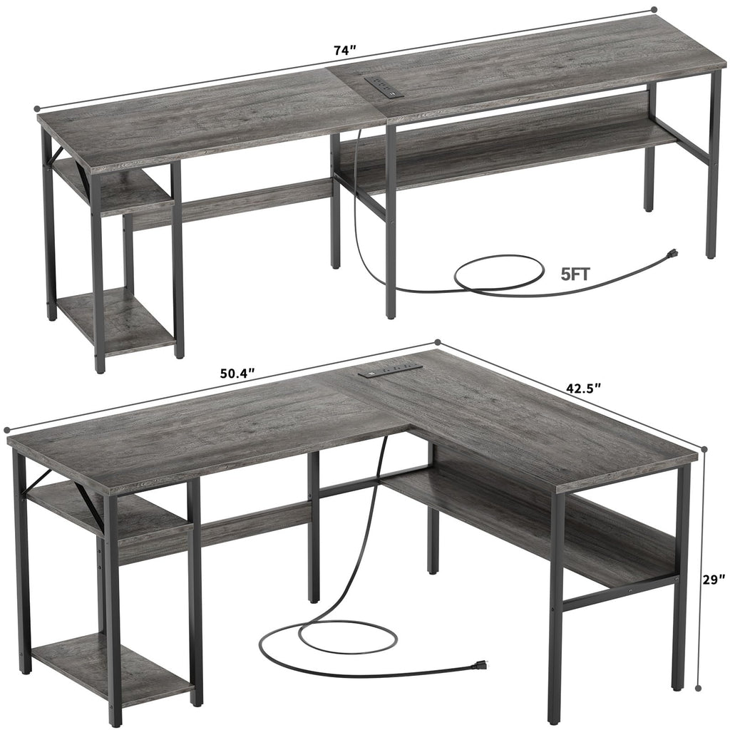 Reversible L Shaped Gaming Desk with Power Outlets and USB Charging Ports, Sturdy Computer Desk with Storage Shelf, Modern Corner Desk Home Office Table, Easy to Assemble, Gray Oak