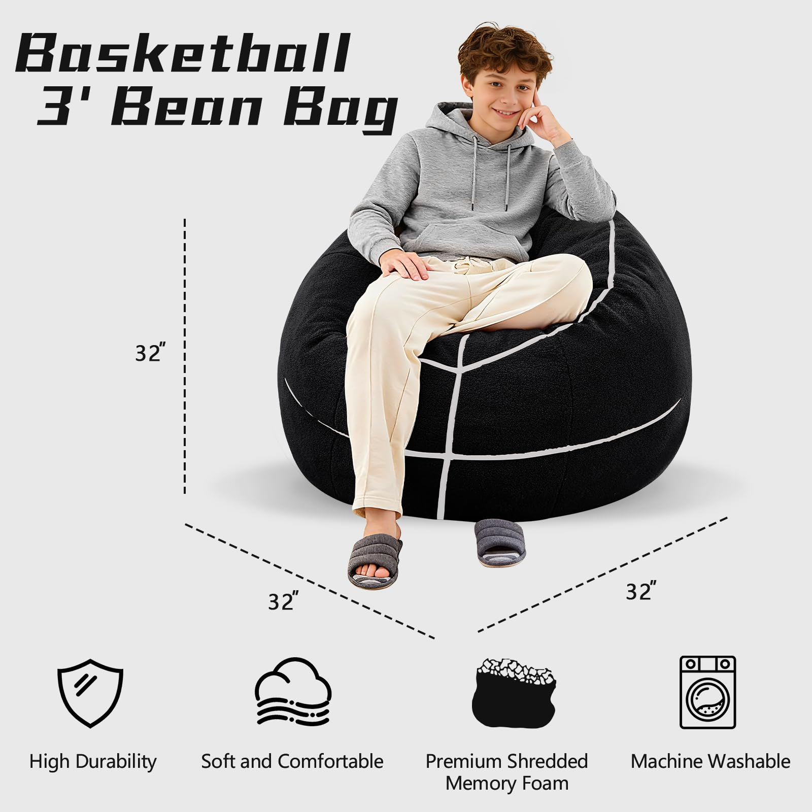 Sports Baseball Bean Bag Chair - Luxurious Bean Bag Chairs for Kids Teens Adults - Floor Sofa Couch with Filler - Plush BeanBag Furniture for Living Room Bedroom College Dorm - 32 Inch