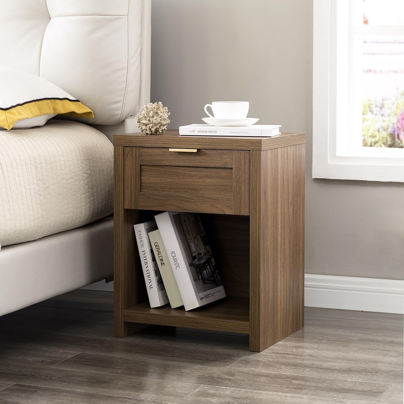 OAKHAM HOME Nightstand Set of 2 Farmhouse Bedside Tables with Drawer and Storage Shelf Modern Boho End Side Tables for Bedroom Sofa, Light Oak
