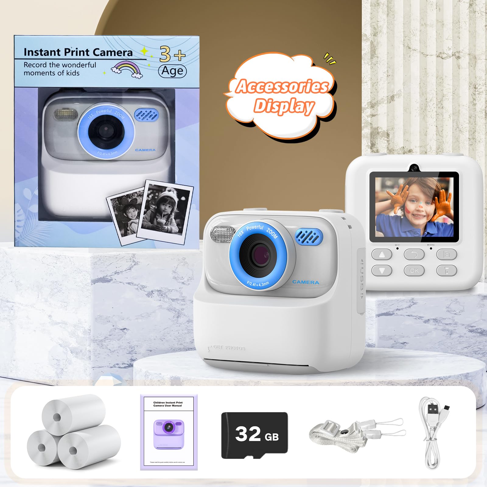 Kids Instant Digital Cameras for Boys and Girls, 1080P HD Dual-Lens Selfie Digital Camera with Print Paper & 32G Card, Christmas Birthday Gifts Toys for Toddler and Teenagers Age 3-16 Years Old