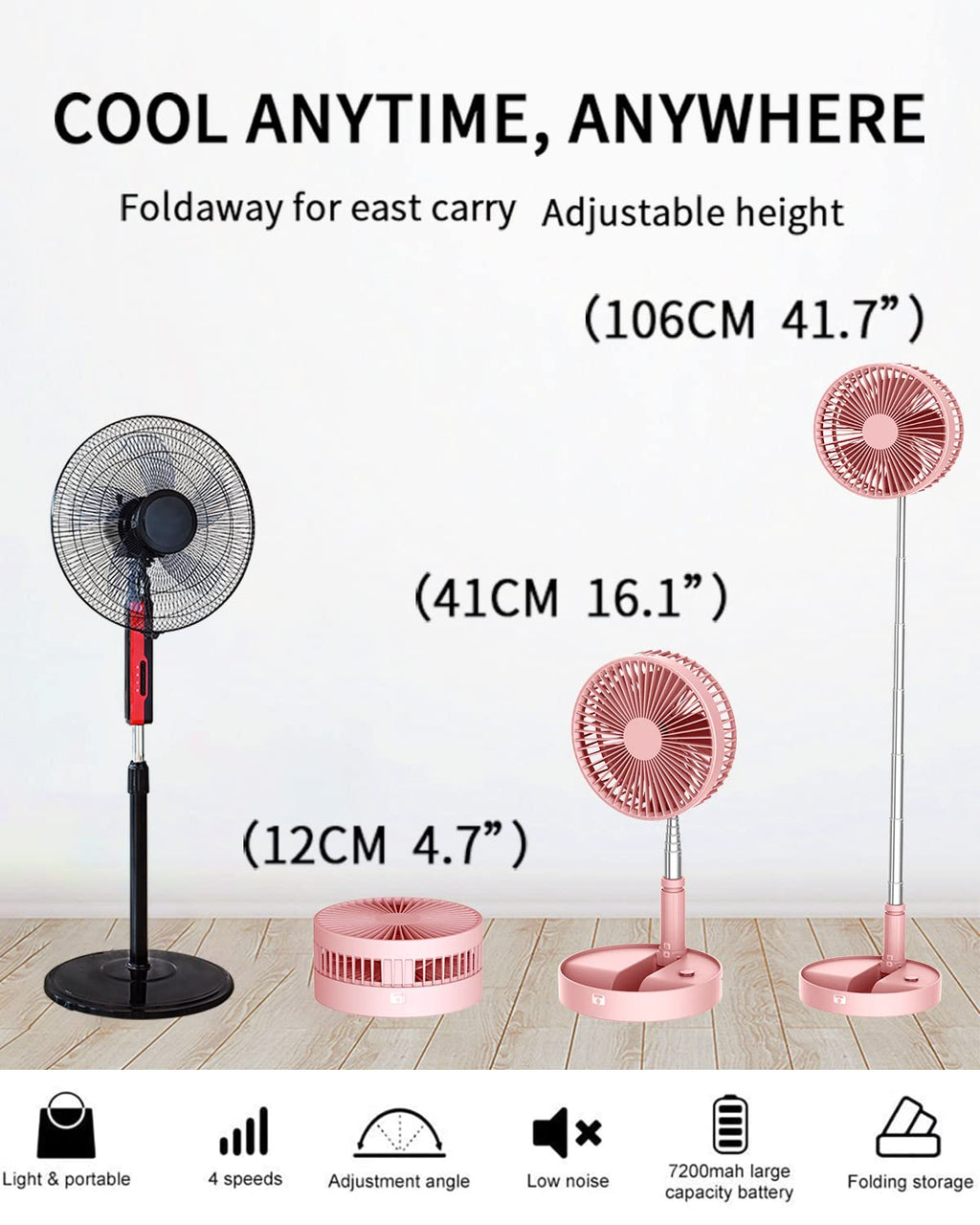 UN UNITEDTIME Portable Fan Foldable Rechargeable [Remote Control ] Battery Operated Foldaway Standing Pedestal Collapsible Fan, 4 Speed, Timer for Camping Travel, Bedroom (Black)