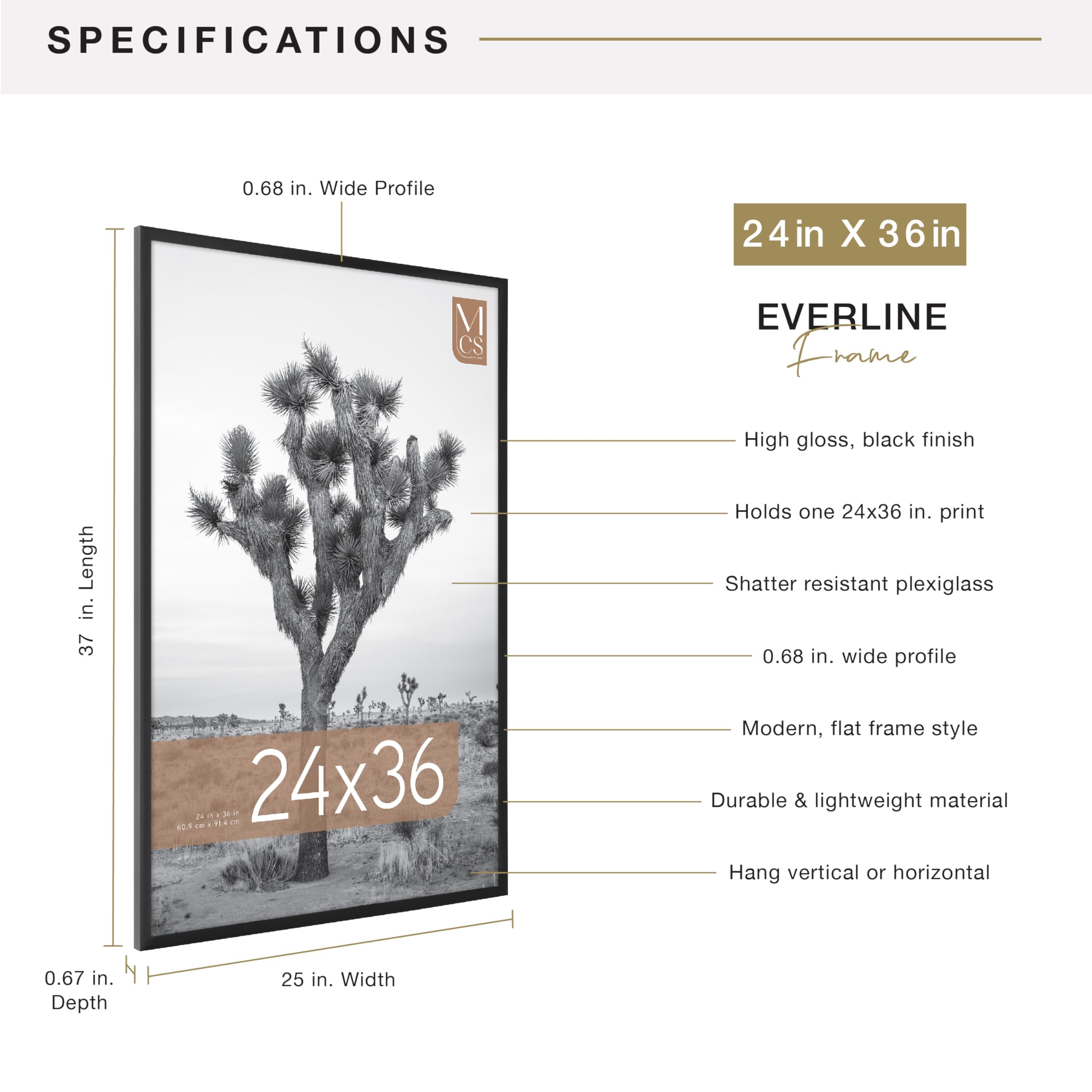MCS Everline Collection 14x20 Matted Poster Frame with 11x17 Picture Display, Black Vertical & Horizontal Wall Hanging Large Frame for Photos, Posters & Art Prints (1-Pack)