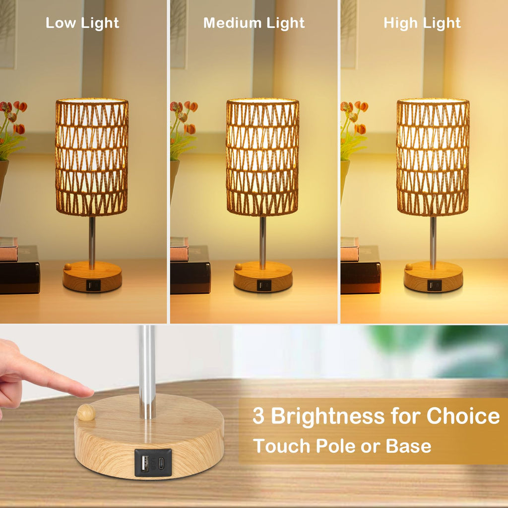 Rattan Bedside Table Lamps Set of 2 - Boho Lamps With 3 Color Temperatures & USB AC Port, Pull Chain Table Lamp For Bedroom, Cute Small Lamp For Nightstand Office Desk Bed Side End Table Living Room