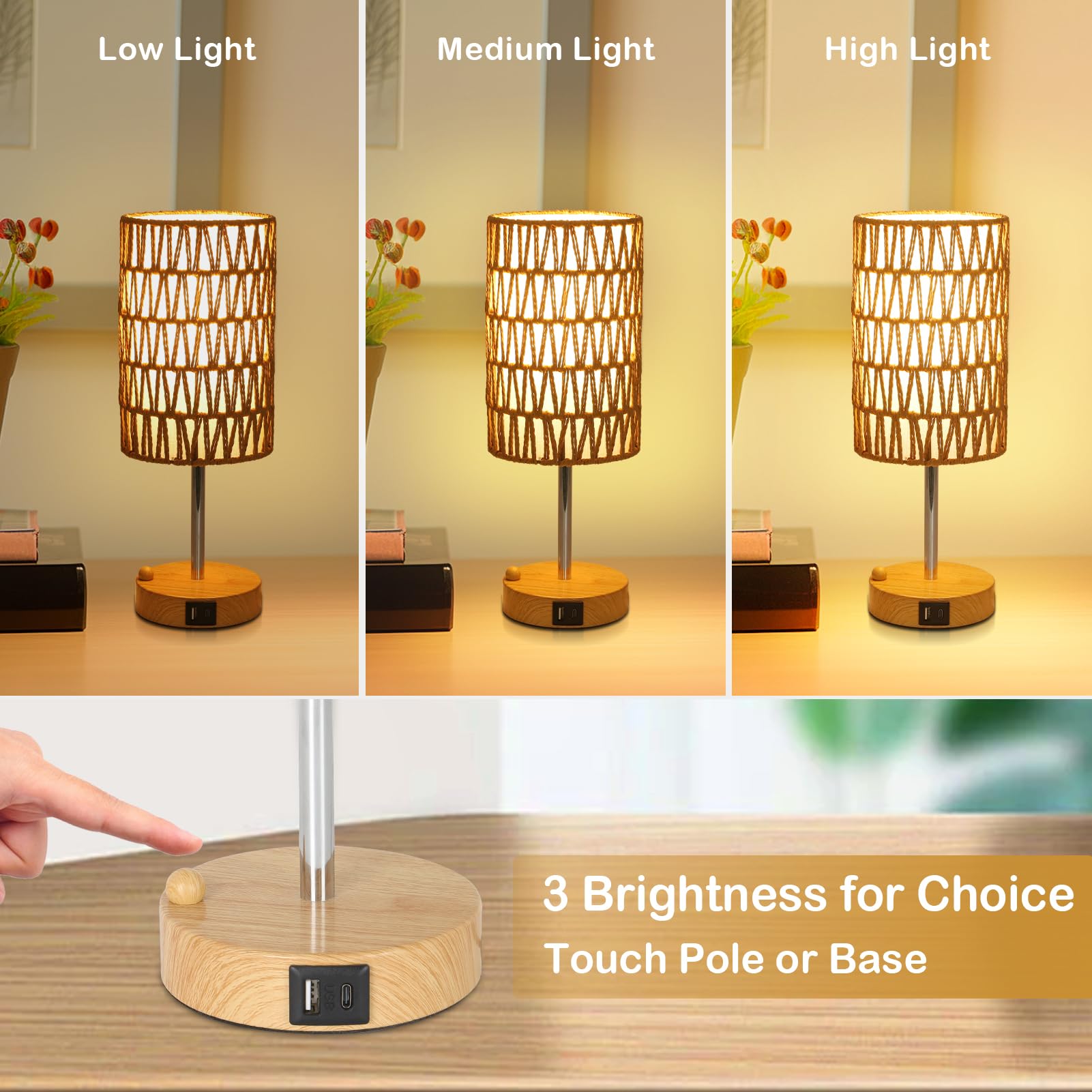 Rattan Bedside Table Lamps Set of 2 - Boho Lamps With 3 Color Temperatures & USB AC Port, Pull Chain Table Lamp For Bedroom, Cute Small Lamp For Nightstand Office Desk Bed Side End Table Living Room