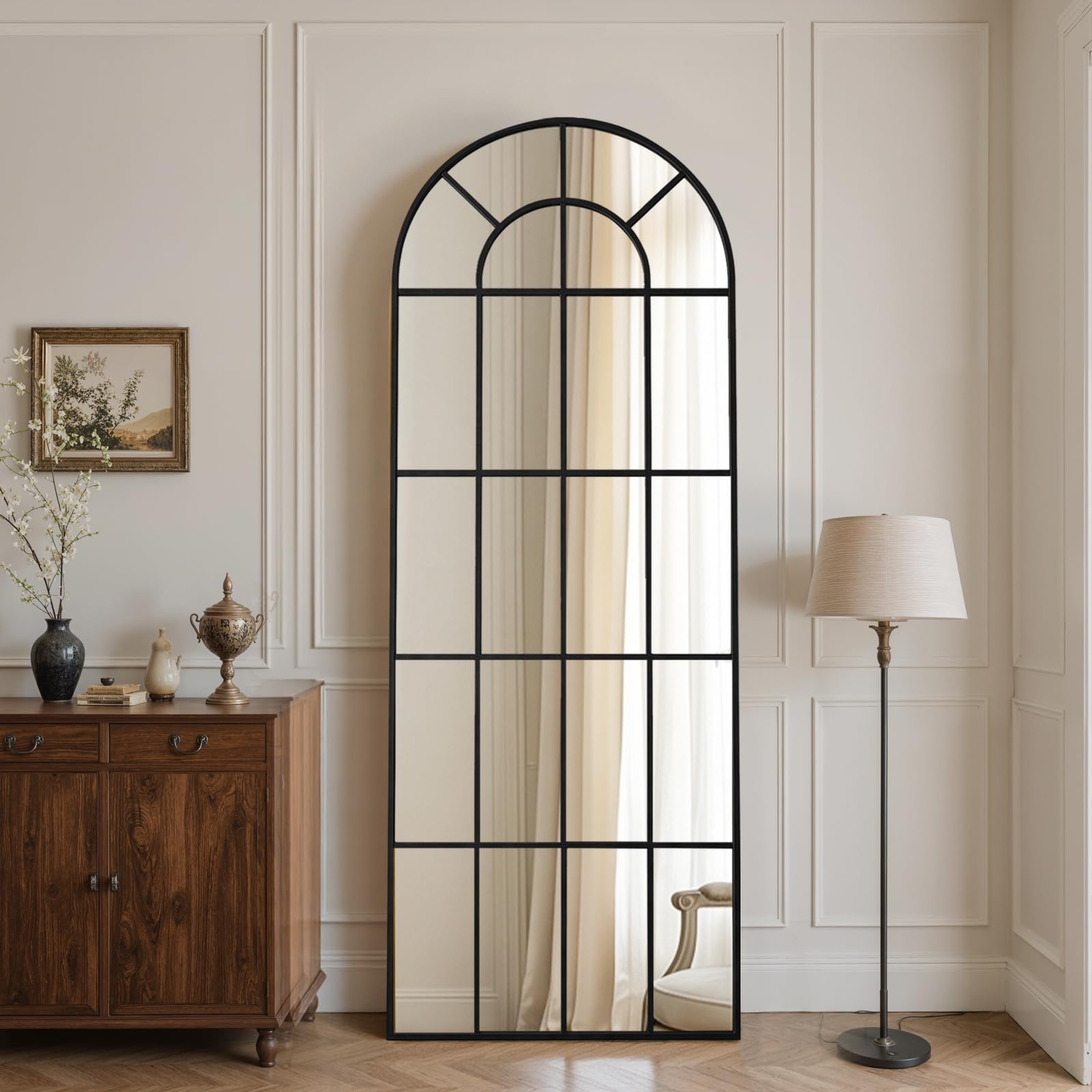 Anpark Arched Windowpane Wall Mirror 24"x36" Black Wall Mounted Art Pane Mirror Farmhouse Decorative Mirror Leaning Hanging Wall Mirror for Bedroom Living Room Entrance Hallway Wall Decor