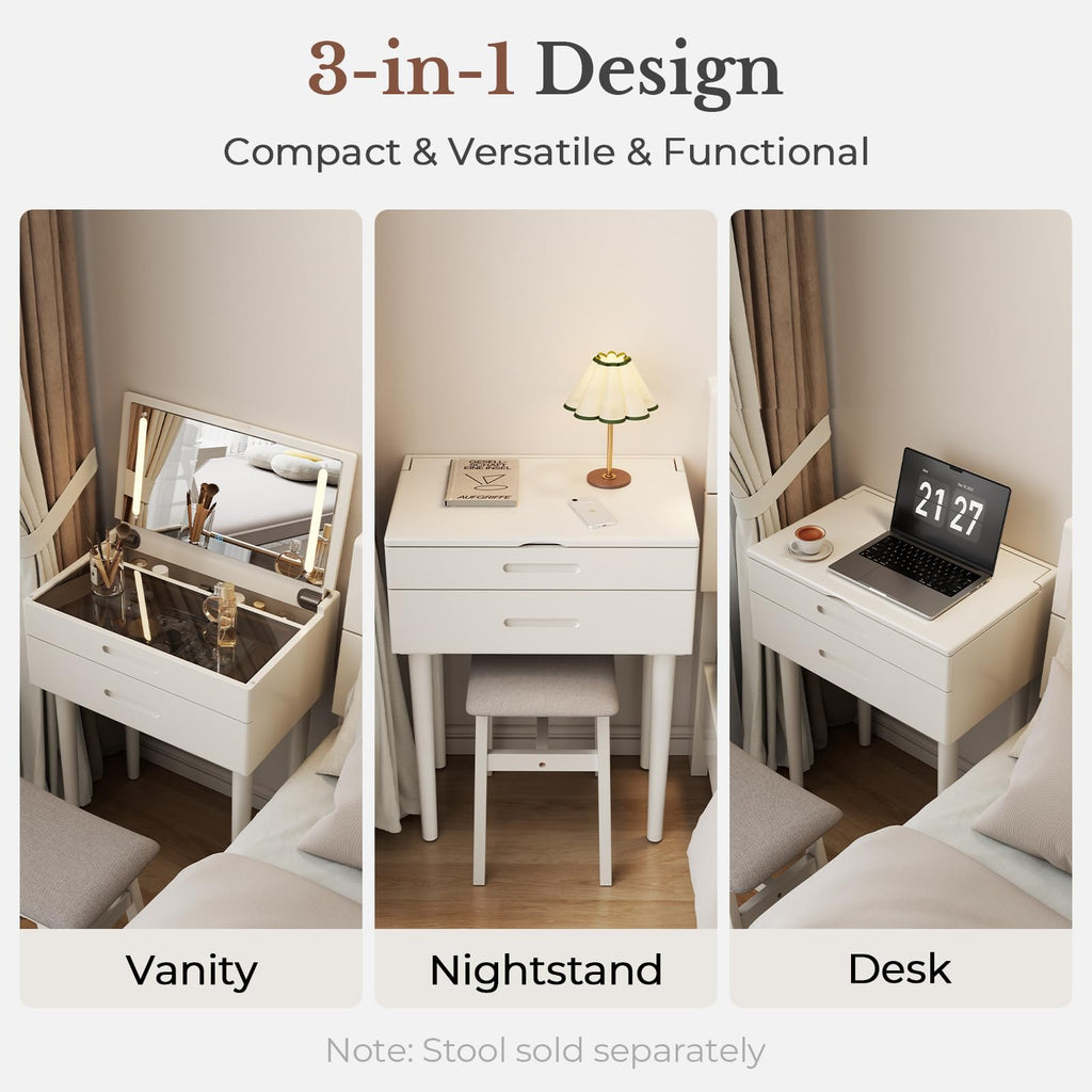 Muwuele Solid Wood Small Vanity Desk with Mirror and Lights, Narrow Makeup Vanity for Small Space, Flip Top Vanity Side Table, 3 Color Modes & Adjustable Brightness, 19.6" Slim Dressing Table, Black