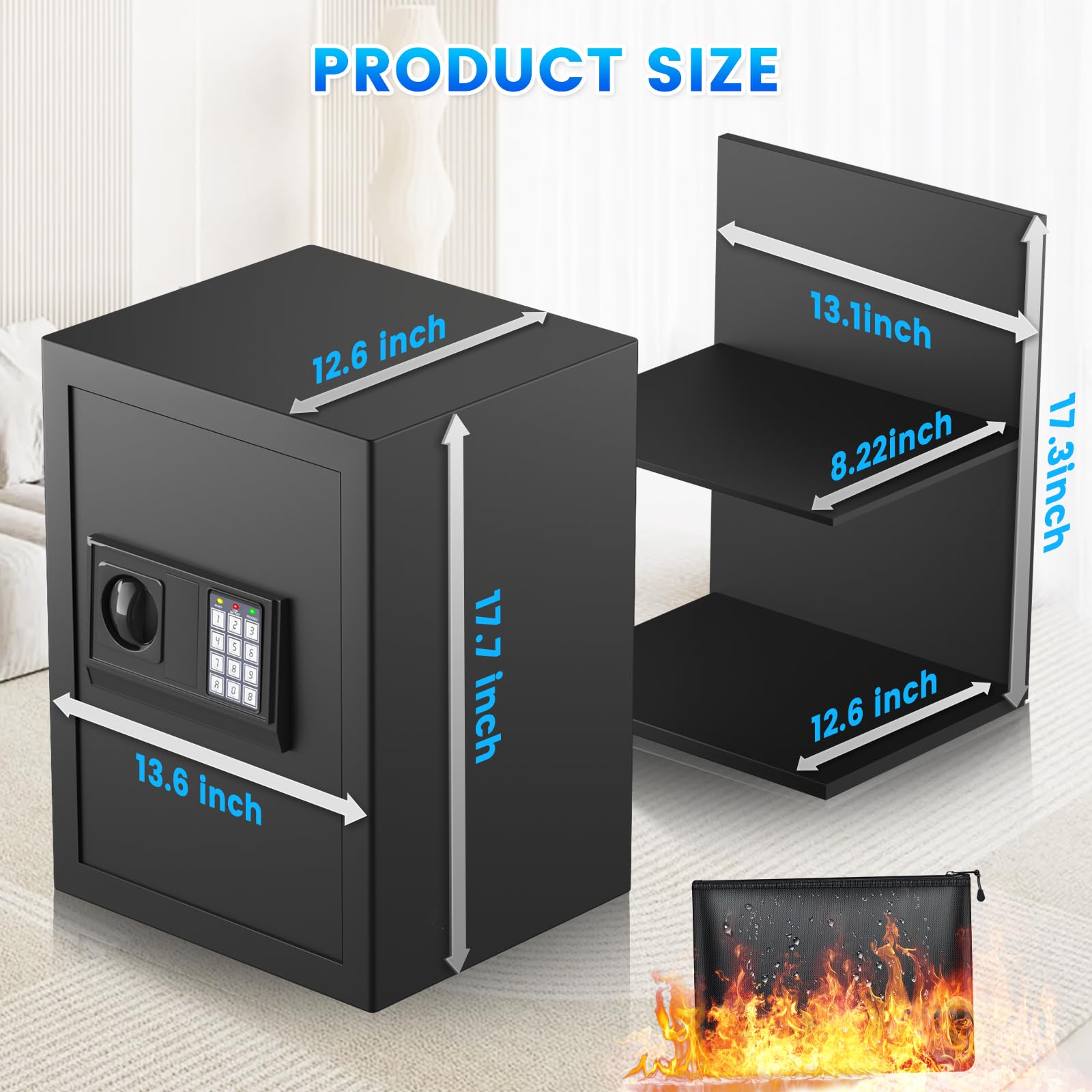 Home Safe Box, Safes with Fireproof Waterproof Bag, 9.84'' H Anti-Theft Digital Security Lock Box with Smart Alert System, Removable Shelf, Mute Function, Document Safes for Jewelry