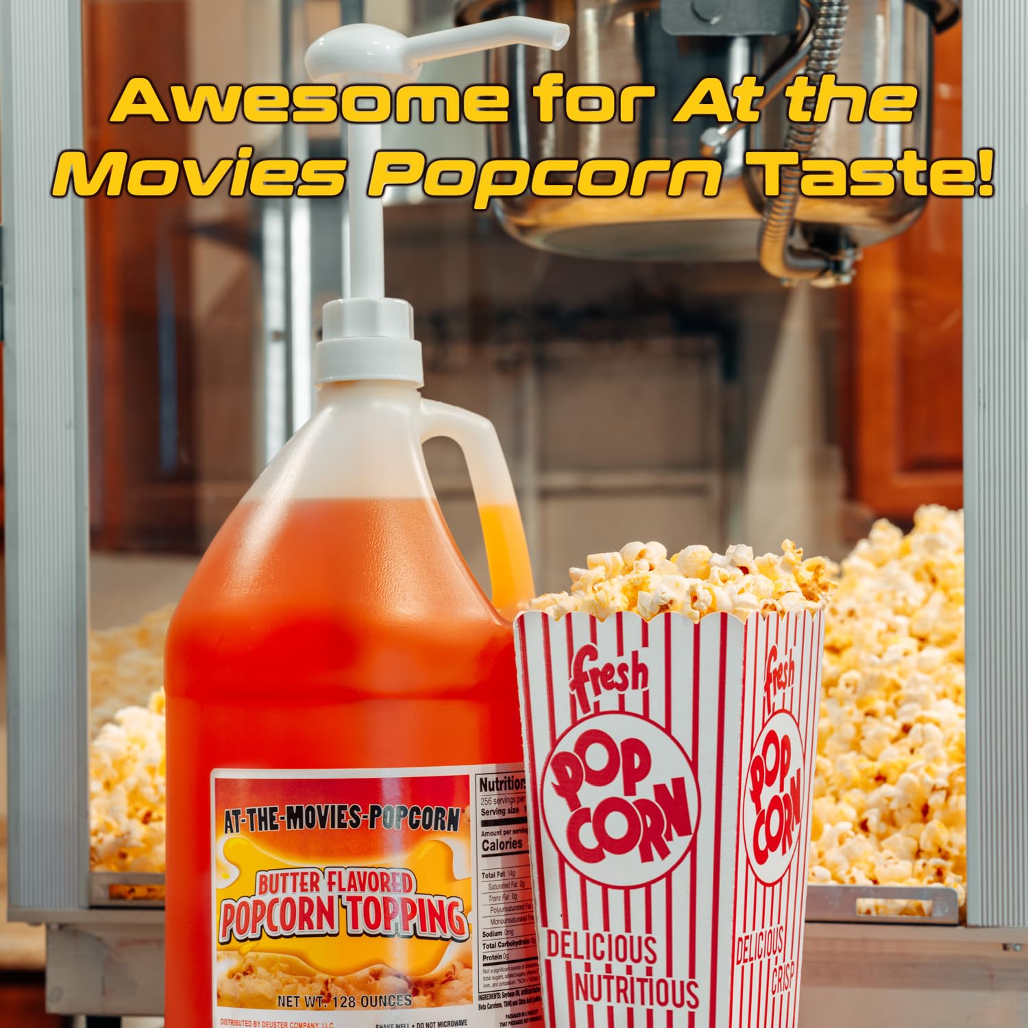At-The-Movies-Popcorn® Buttery Flavor Popcorn Topping (1 Gallon Includes 1oz Displacemnt Plastic Pump) – Movie Theater Butter Popcorn Oil, Vegan, Gluten Free, Non GMO, Zero Trans Fat, Rich Buttery Taste for Home and Commercial Popcorn Machines