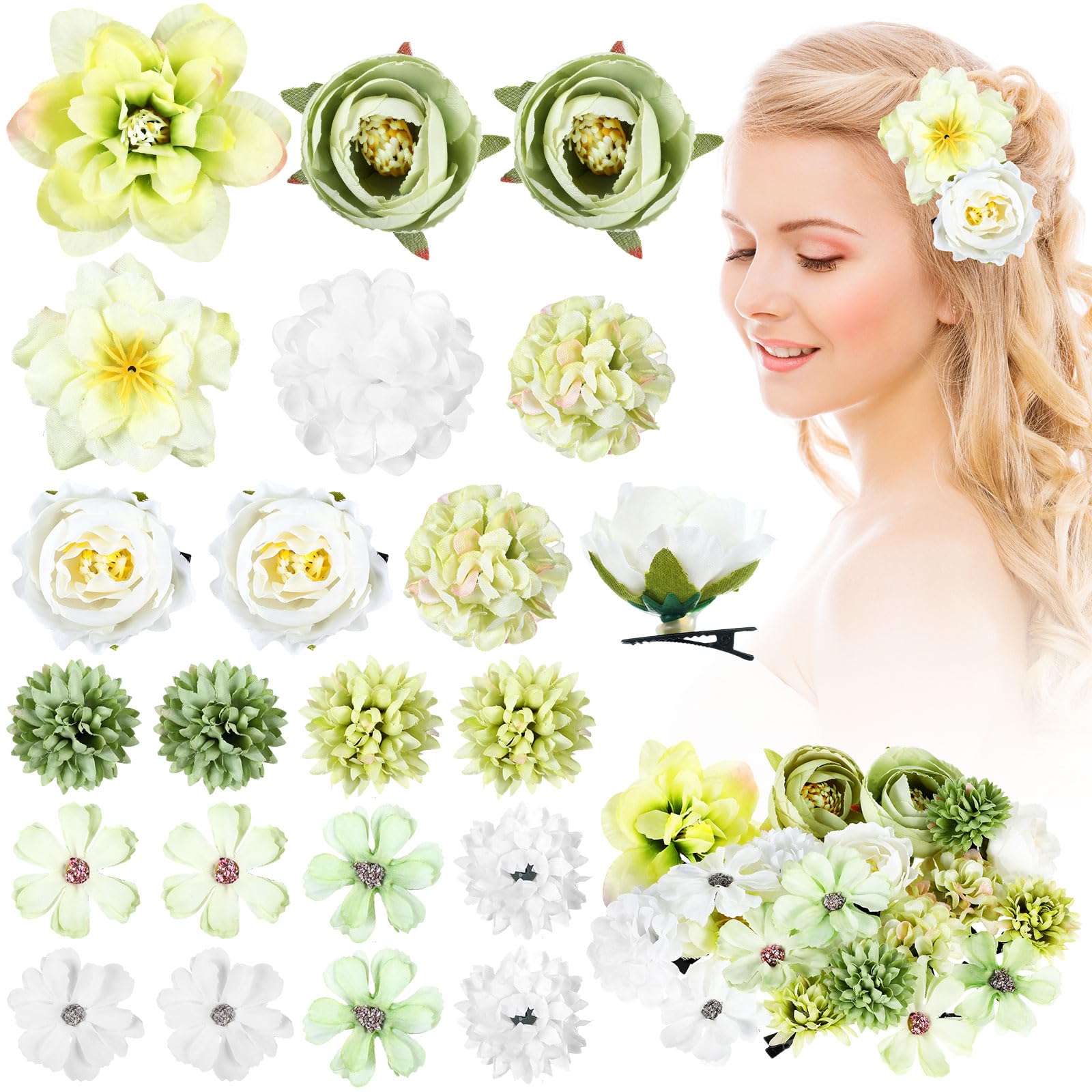 BBTO Flower Hair Clip Rose Hair Clips Barrettes for Women Flower Accessories Boho Bride Claw Clip Hairpin Brooch Pin Headpiece for Wedding(Beige Orange Series,21 Pcs)