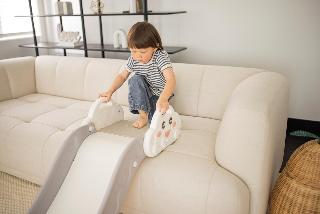 Indoor Kids Baby Couch Slide for Toddler 1-3, Sofa Slide Add-on Attachment for Bed Nugget Playgrounds, with Secure Base Guardrail, Gentle Slope Extended Buffer Zone, Fun Car Design, Blue