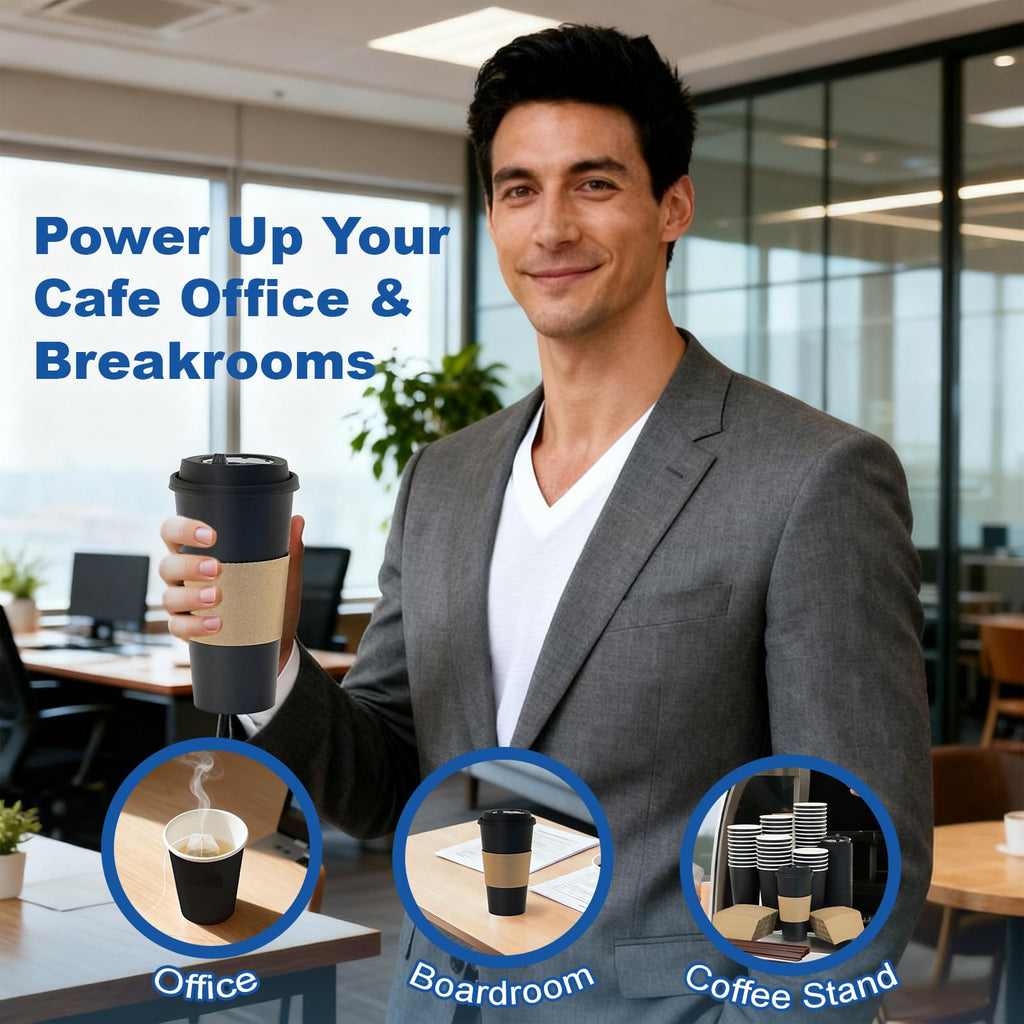 16 oz 100 Pack Corrugated Ripple Wall Disposable Coffee Cups with Lids and Straws, Heavy Duty Insulated Cups for Hot Beverage or Cold Drinks, Bulk for Restaurants, Offices, Coffee Shops(Black)