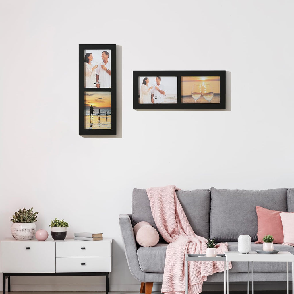4x6 2-Opening Collage Frame Black Wood | Two 4x6 openings, shatter-resistant glass, tabletop & wall mount