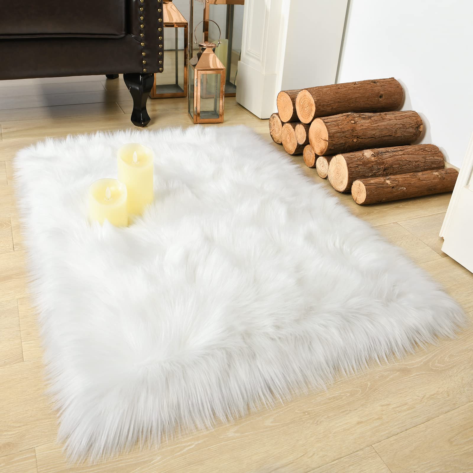 LOCHAS Soft Fluffy Faux Fur Rugs for Bedroom Bedside Rug 2x3 Feet, Washable, Furry Sheepskin Area Rug for Living Room Girls Room, Luxury Shag Carpet Home Decor, Beige