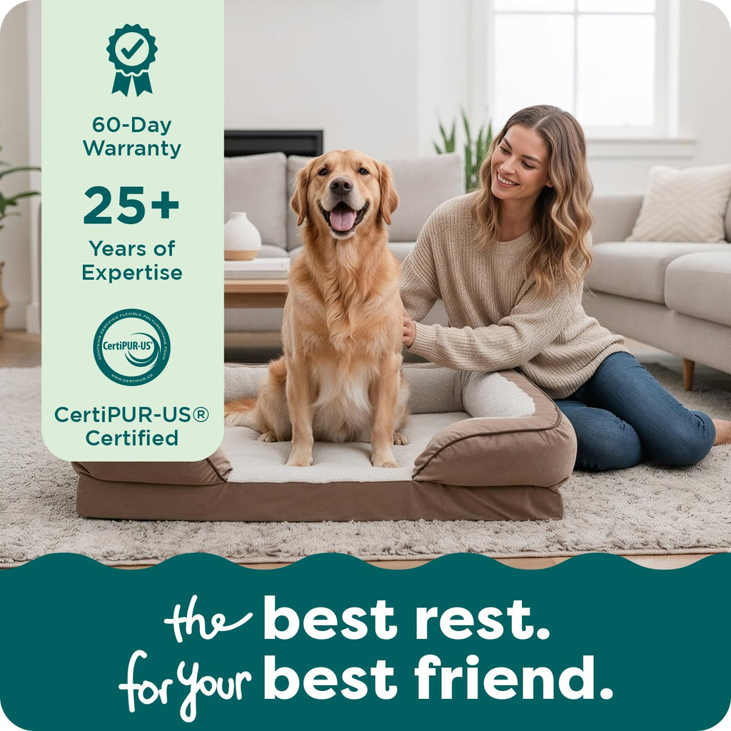 Furhaven Cooling Gel Dog Bed for Medium/Small Dogs w/ Removable Bolsters & Washable Cover, For Dogs Up to 35 lbs - Plush & Velvet Waves Perfect Comfort Sofa - Brownstone, Medium