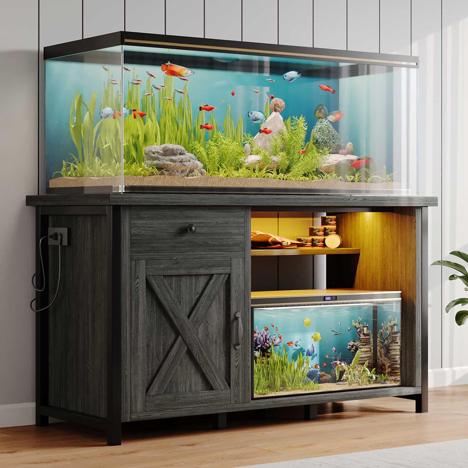 4ever2buy 55-75 Gallon Fish Tank Stand with Power Outlets, LED Light, Heavy Duty Aquarium Stand with Cabinet for Fish Tank Accessories Storage, for Turtle Tank, Reptile Terrarium, 1100LBS, Black