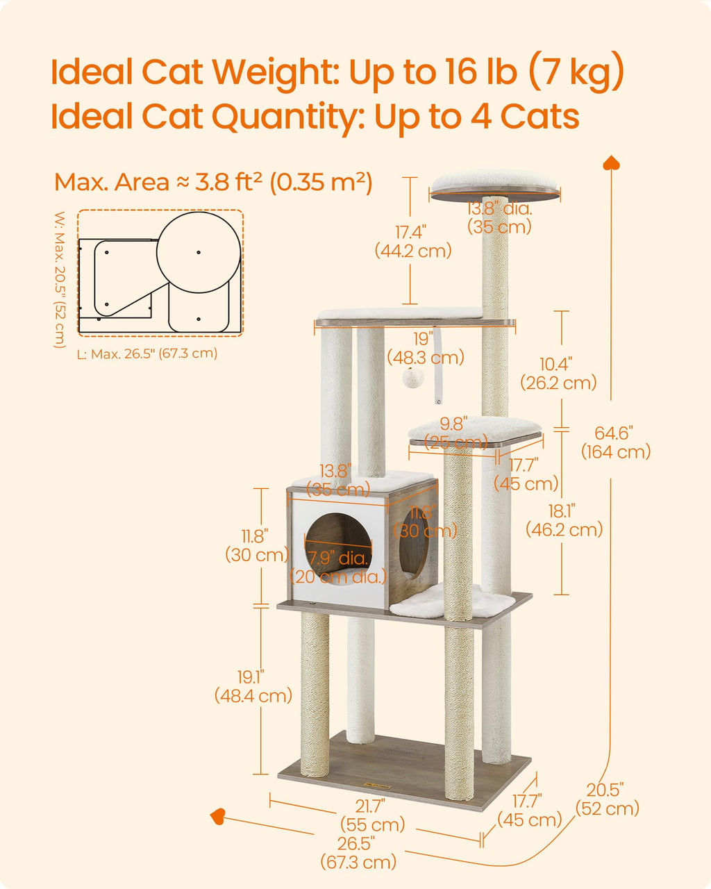 Feandrea Cat Tree, 65-Inch Modern Cat Tower for Indoor Cats, Multi-Level Cat Condo with 5 Scratching Posts, Perch, Washable Removable Cushions, Cat Furniture, Cloud White UPCT166W01