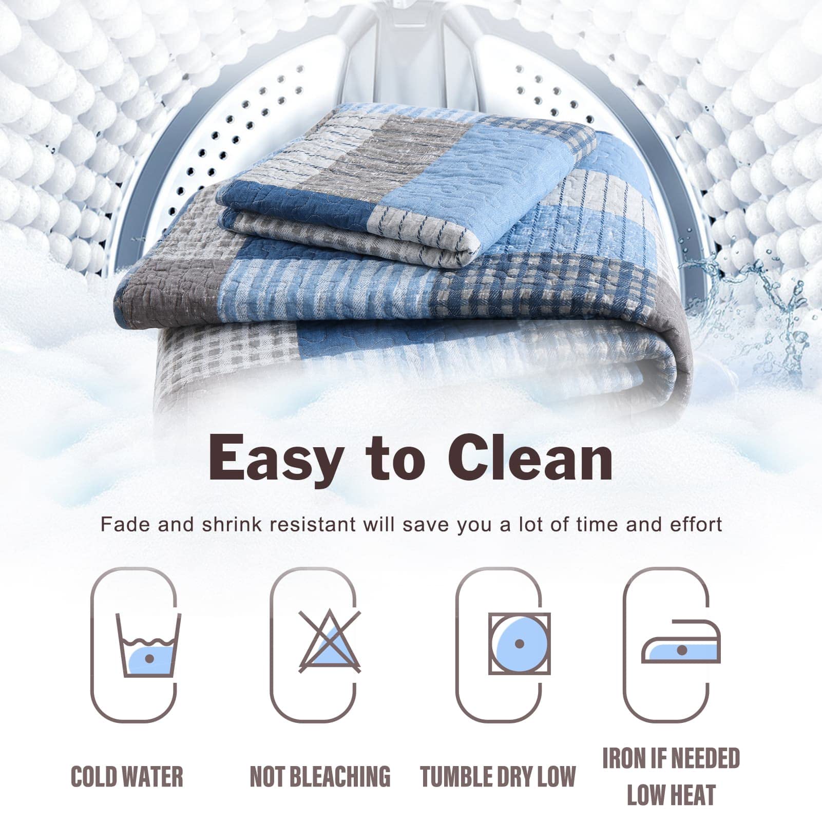 Y-PLWOMEN 100% Cotton Farmhouse Plaid Lightweight 3-Pieces Quilt Set (Blue Brown, Queen90 * 98 Inch)