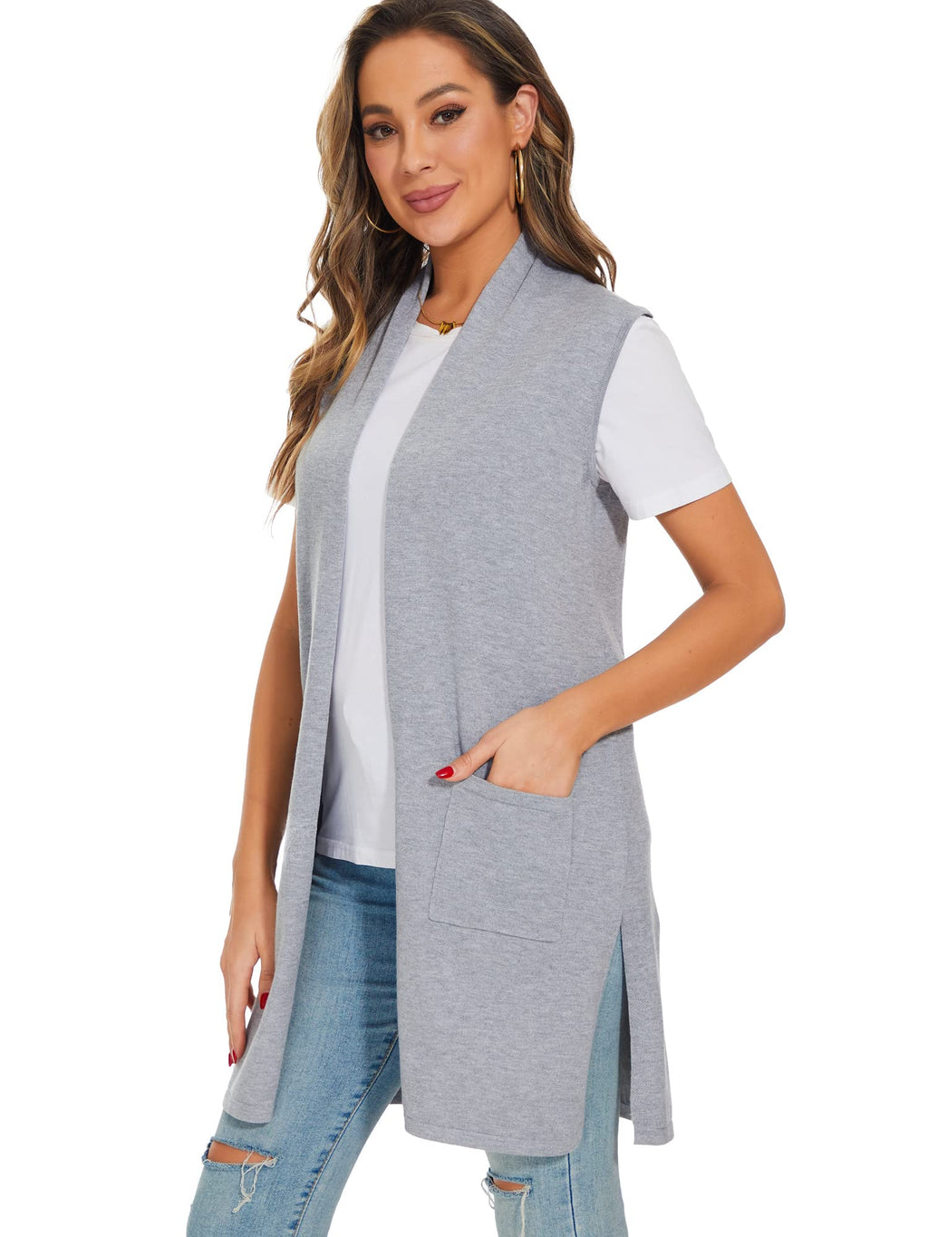 Moss Rose Women's Long Knit Cardigan Vest Casual Sleeveless Open Front Draped Duster Vest (Available in Plus Size)