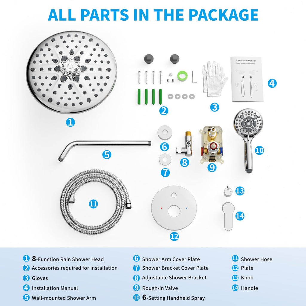 EMBATHER Shower Faucets Sets Complete, with 3 Setting High Pressure Shower Head Combo, Bathroom Wall Mounted Rainfall Shower System Fixtures with 8-Mode Handheld Spray, Brushed Nickel