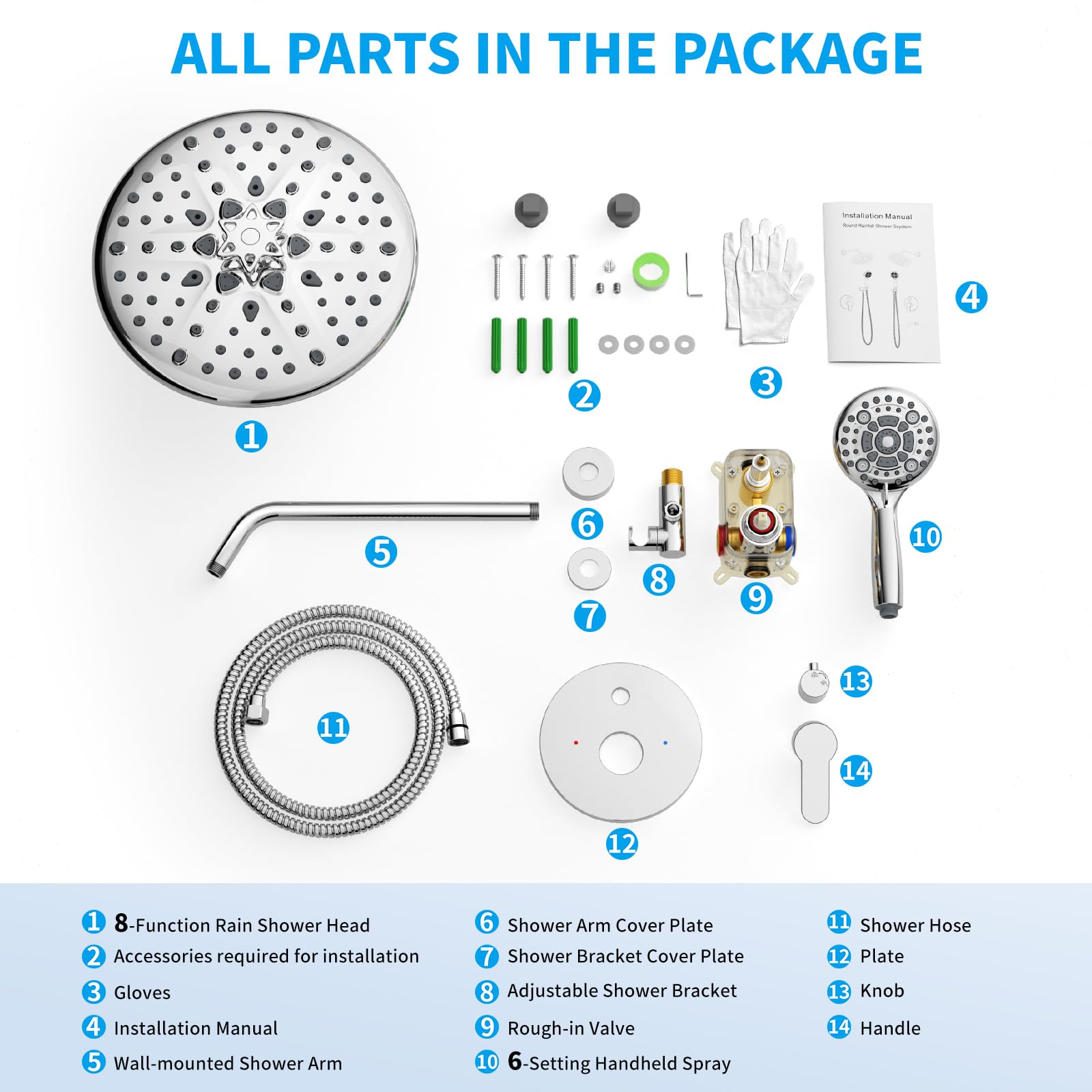 EMBATHER Shower Faucets Sets Complete, with 3 Setting High Pressure Shower Head Combo, Bathroom Wall Mounted Rainfall Shower System Fixtures with 8-Mode Handheld Spray, Brushed Nickel