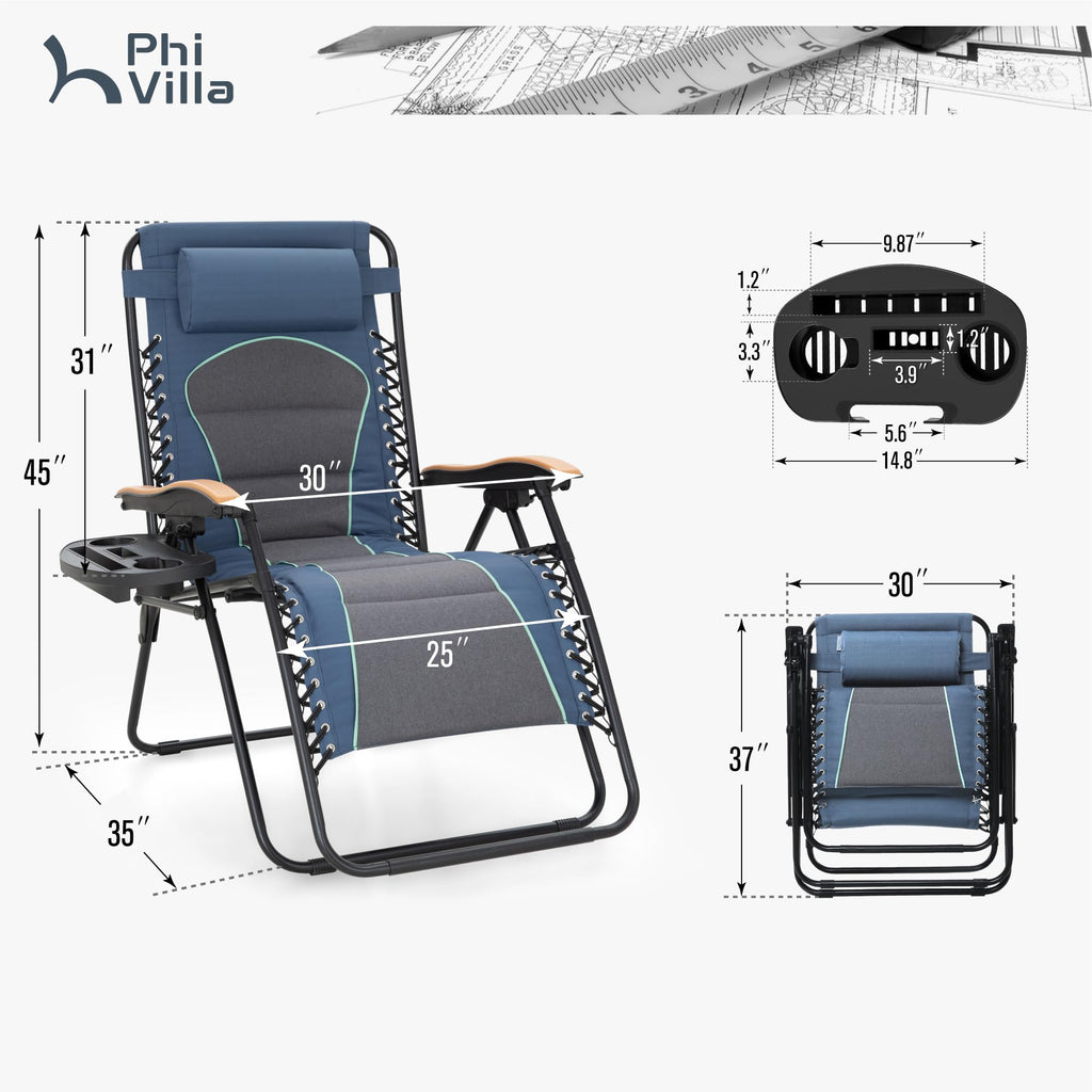 PHI VILLA XXL Oversized Padded Zero Gravity Chair Set of 2, Foldable Patio Recliner, 30" Wide Seat Anti Gravity Lounger with Armrest and Cup Holder, Support 400 LBS (Aqua Blue)