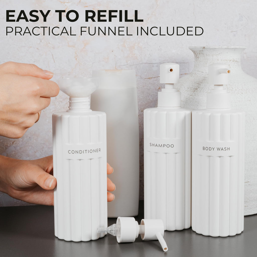 Stylish Shampoo and Conditioner Dispenser Set of 3 - Modern 19oz Shower Soap Bottles with Pump and Labels - Easy to Refill Body Wash Dispensers for an Instant Bathroom Decor Upgrade