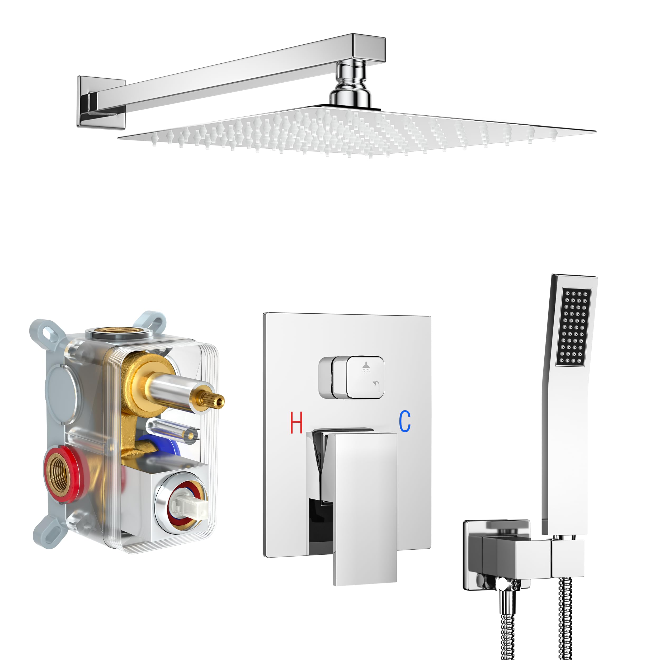 Brushed Gold Shower System with 10-Inch Rain Showerhead and Tub Spout | cUPC-certified pressure balance brass valve to prevent scalding, CEC-certified air injection technology for low pressure