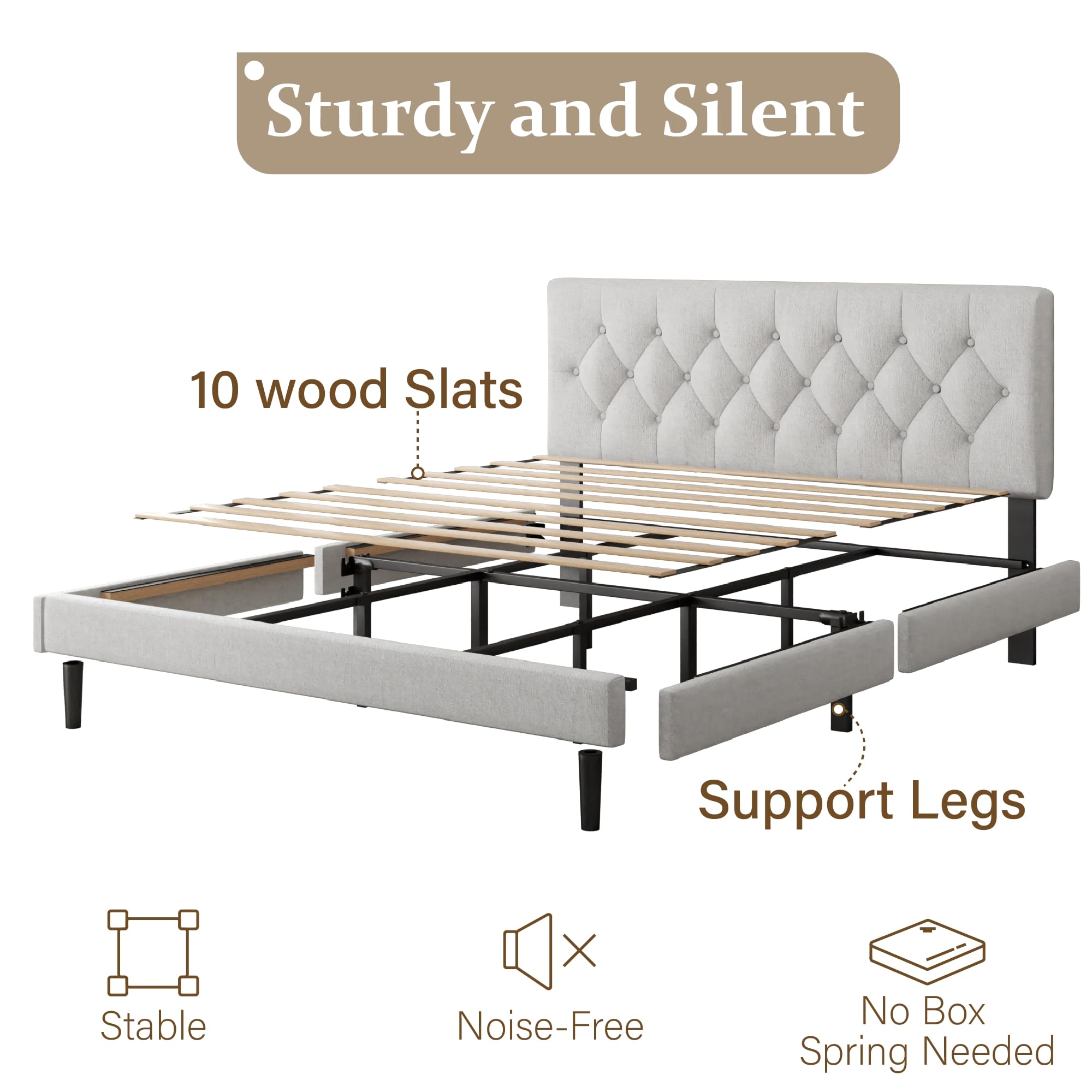 CXVX Full Size Platform Bed Frame with Upholstered Headboard, Button Tufted Design, Strong Wooden Slats, No Box Spring Needed, Easy Assembly, Noise Free