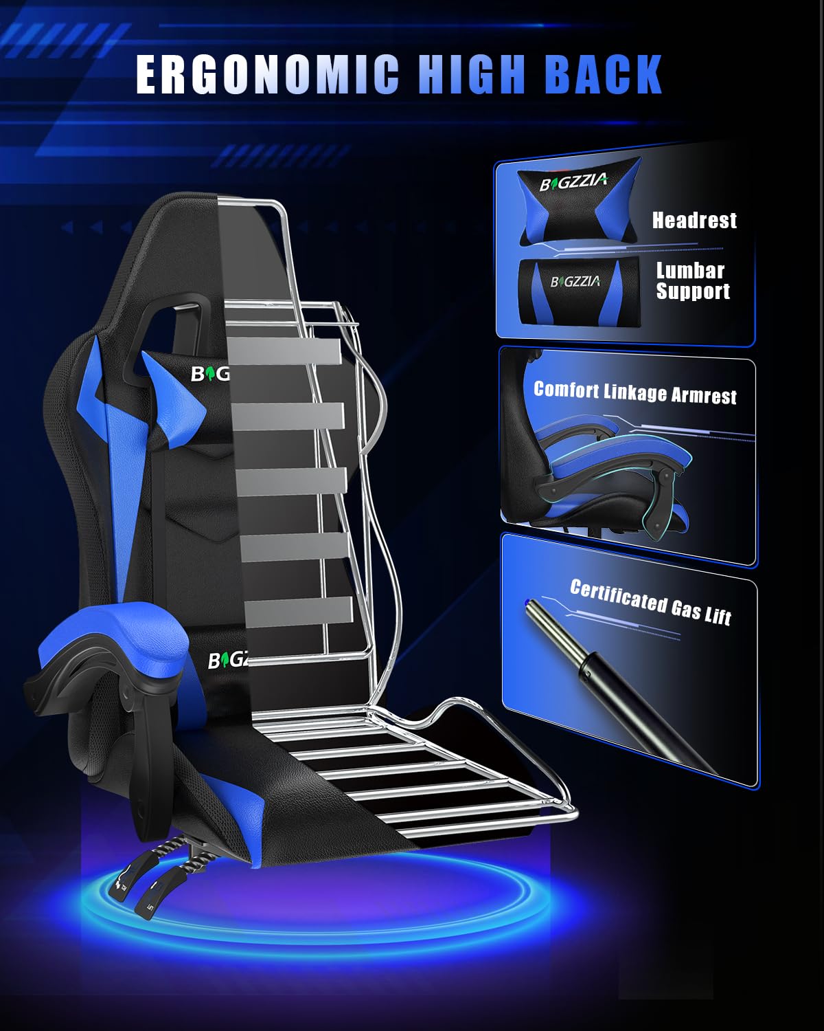 Bigzzia Gaming Chair with RGB LED Lights for Kids & Adults, High Back Ergonomic Computer Gamer Chair with Headrest and Lumbar Support, Racing Style Reclining Game Chair(Black)