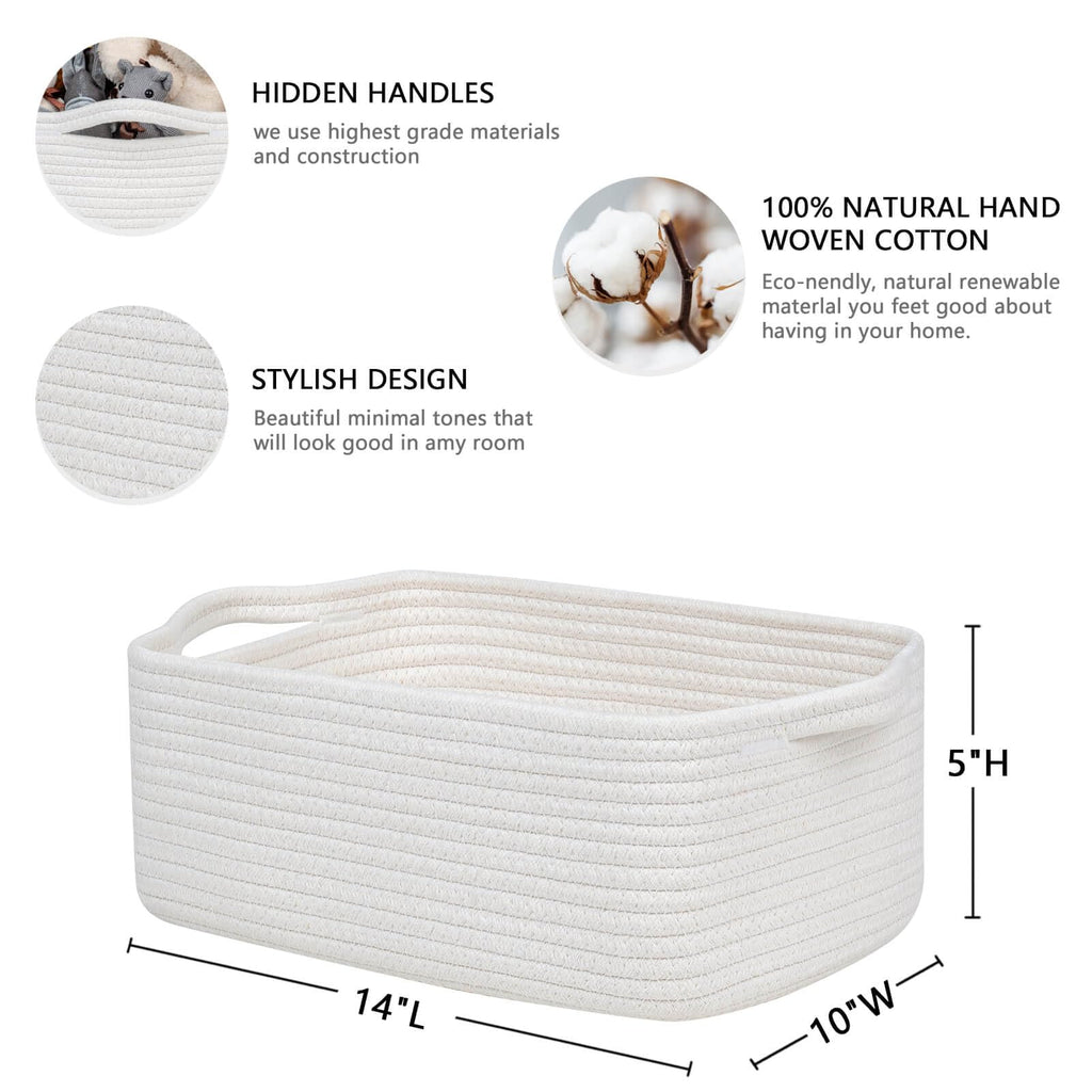 CubesLand Rectangular Cotton Rope Basket, 14x10x5 Inches, Beige, Nursery Storage Bin