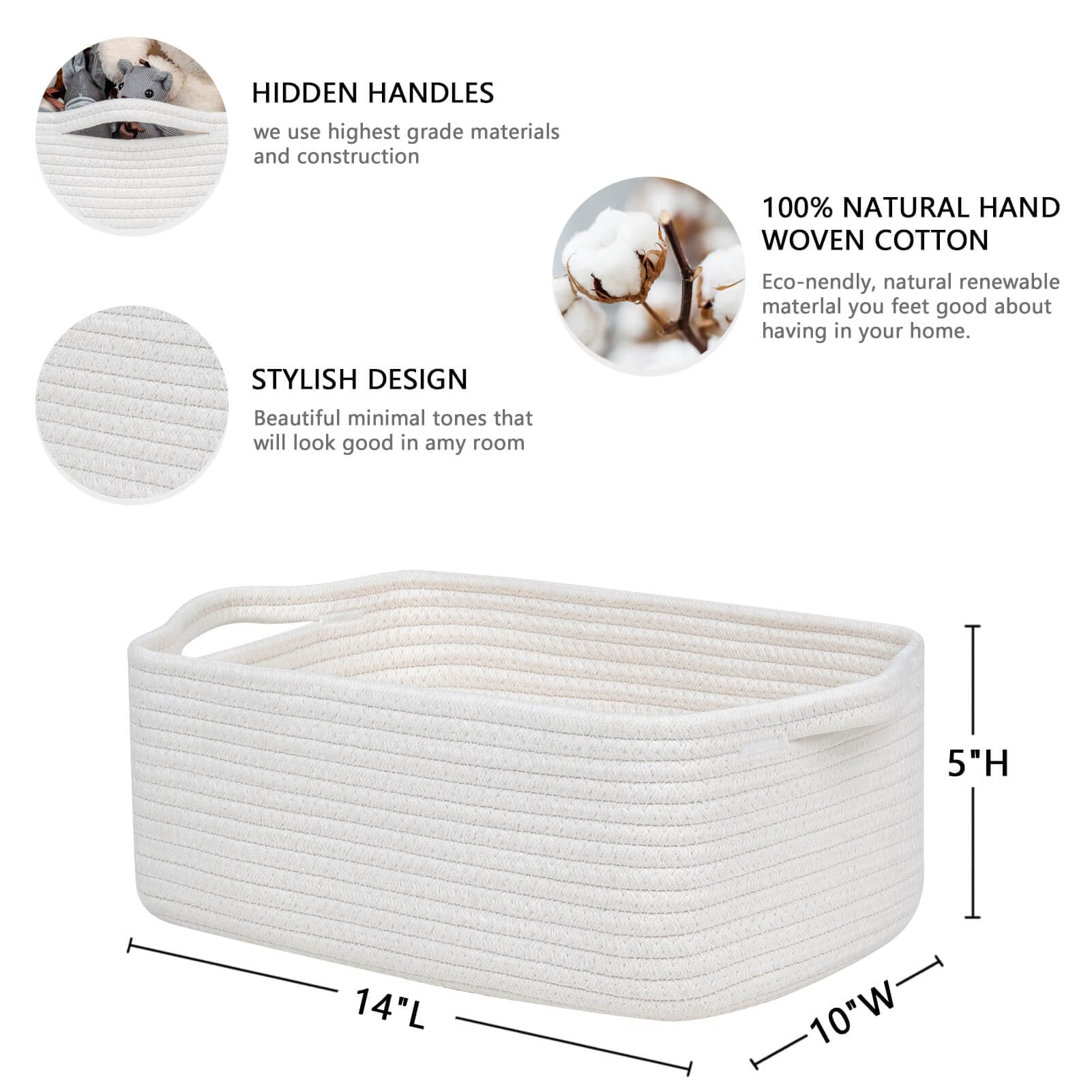CubesLand Rectangular Cotton Rope Basket, 14x10x5 Inches, Beige, Nursery Storage Bin