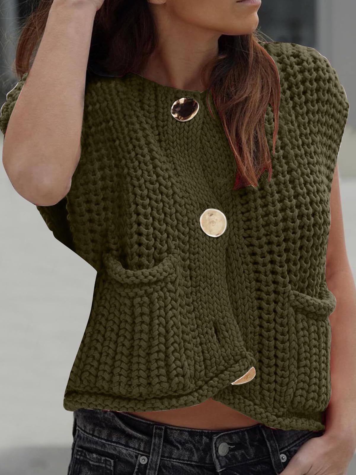 KEOMUD Women's Sleeveless Cropped Knit Cardigan Casual Button Down Crochet Sweater Vest Tops with Pockets
