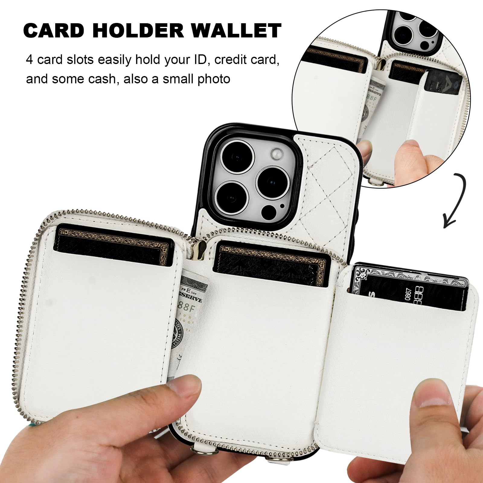 Bocasal Crossbody Wallet Case for iPhone 16 Pro, RFID Blocking PU Leather Zipper Handbag Purse Flip Cover, Kickstand Folio Case with Card Slots Holder Wrist Strap Lanyard 5G 6.3 Inch (Black)