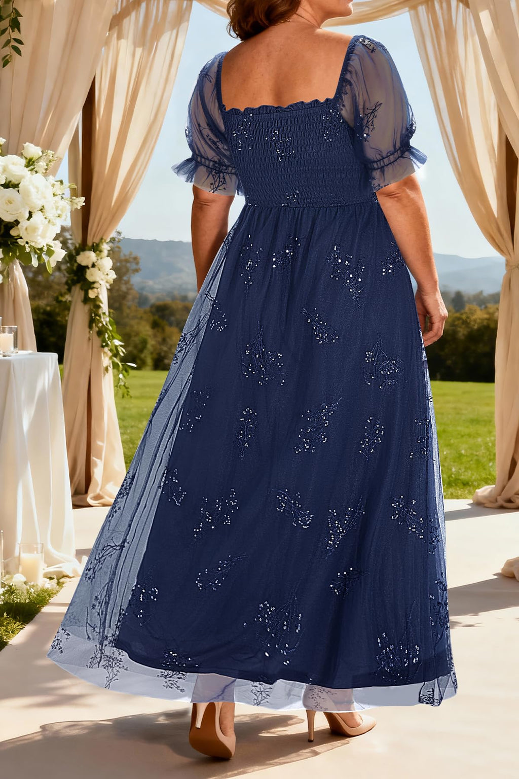 Plus Size Formal Dresses - Bridesmaid Leaf Embroidery with Sequin Tulle Prom Long Dress