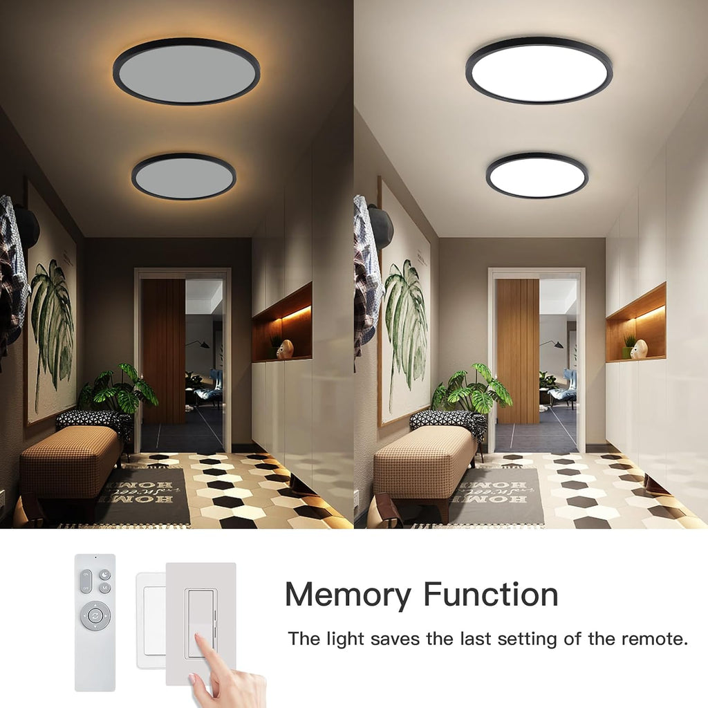 Roomratv Black Ceiling Light Fixture with Remote Control, with 3000K Warm Nightlight, 12inch 24W Flush Mount Ceiling Light, 3 Light Color Changeable, Brightness(10% to 100%) Adjustable