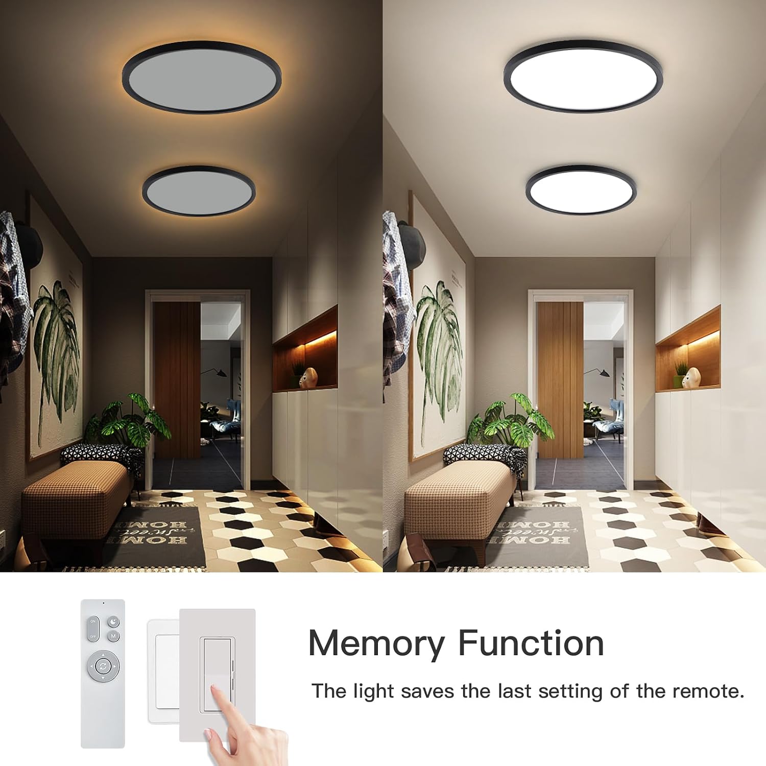 Roomratv Black Ceiling Light Fixture with Remote Control, with 3000K Warm Nightlight, 12inch 24W Flush Mount Ceiling Light, 3 Light Color Changeable, Brightness(10% to 100%) Adjustable