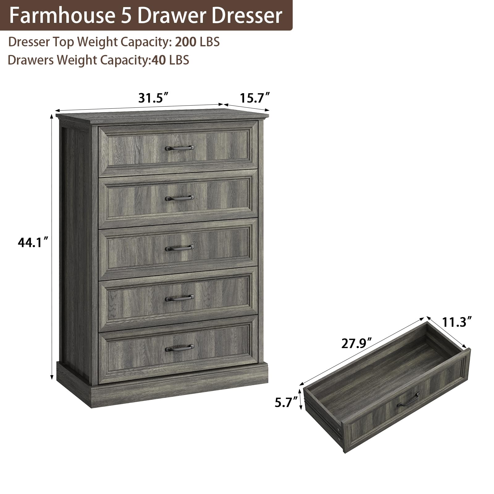 Farmhouse 5 Drawers Dresser for Bedroom, 44" Tall Brown dresser Wood Rustic Chest of Drawers with Wide Metal Handle,Natural Texture,Drawer Organizer for Bedroom,Living Room,Hallway and Entryway