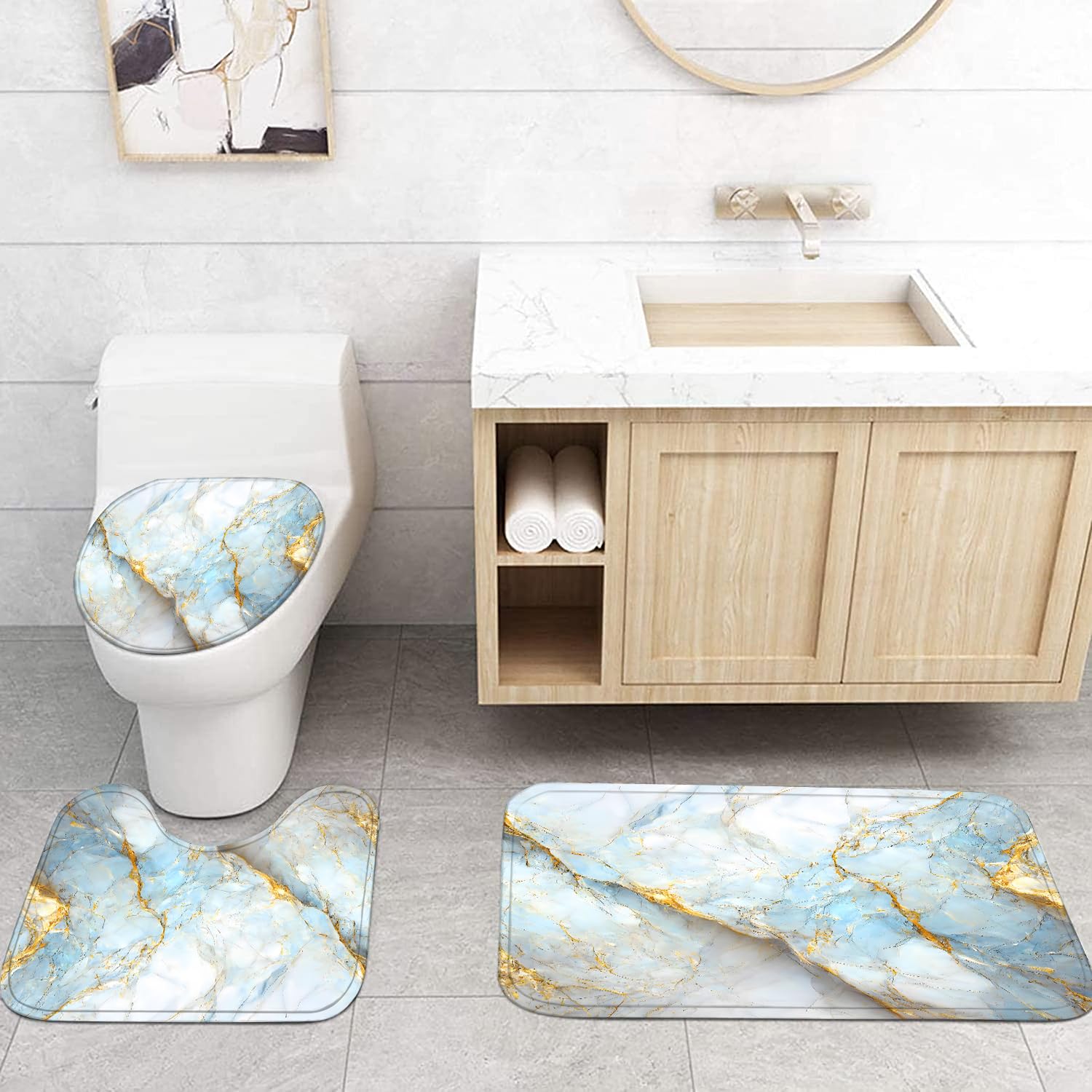 Nkzply 4 Pcs Black Marble Shower Curtain Sets with Rugs Gold Bathroom Sets with Shower Curtain and Rugs Modern Abstract Bathroom Decor Accessories Shower Curtains for Bathroom Toilet Lid Cover
