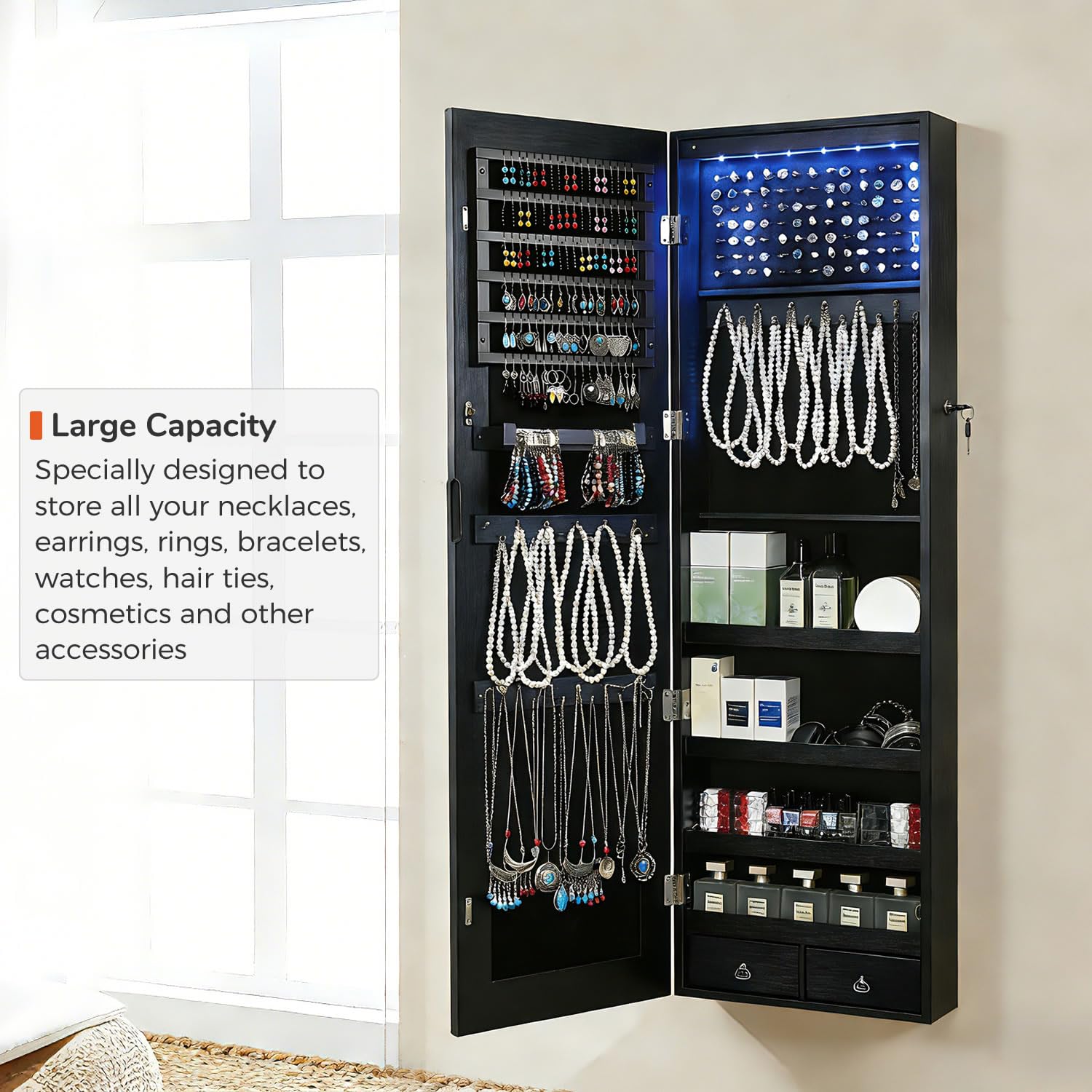 GISSAR Full Length Mirror Jewelry Cabinet, 6 LEDs Jewelry Armoire Wall Mounted Over The Door Hanging, Jewelry Organizer Storage with Lights Lockable, Black, 14.6" x 47.2"
