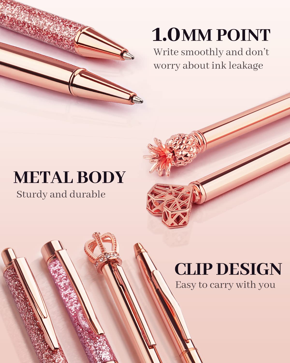 WEMATE 8Pcs Ballpoint Pens Set Metal Crystal Diamond Pen Glitter for Journaling Black Pen Bling in Black & Blue Ink Pretty Cute Pens Fancy Pens Gifts for Women Wedding School Office Desk(Black)